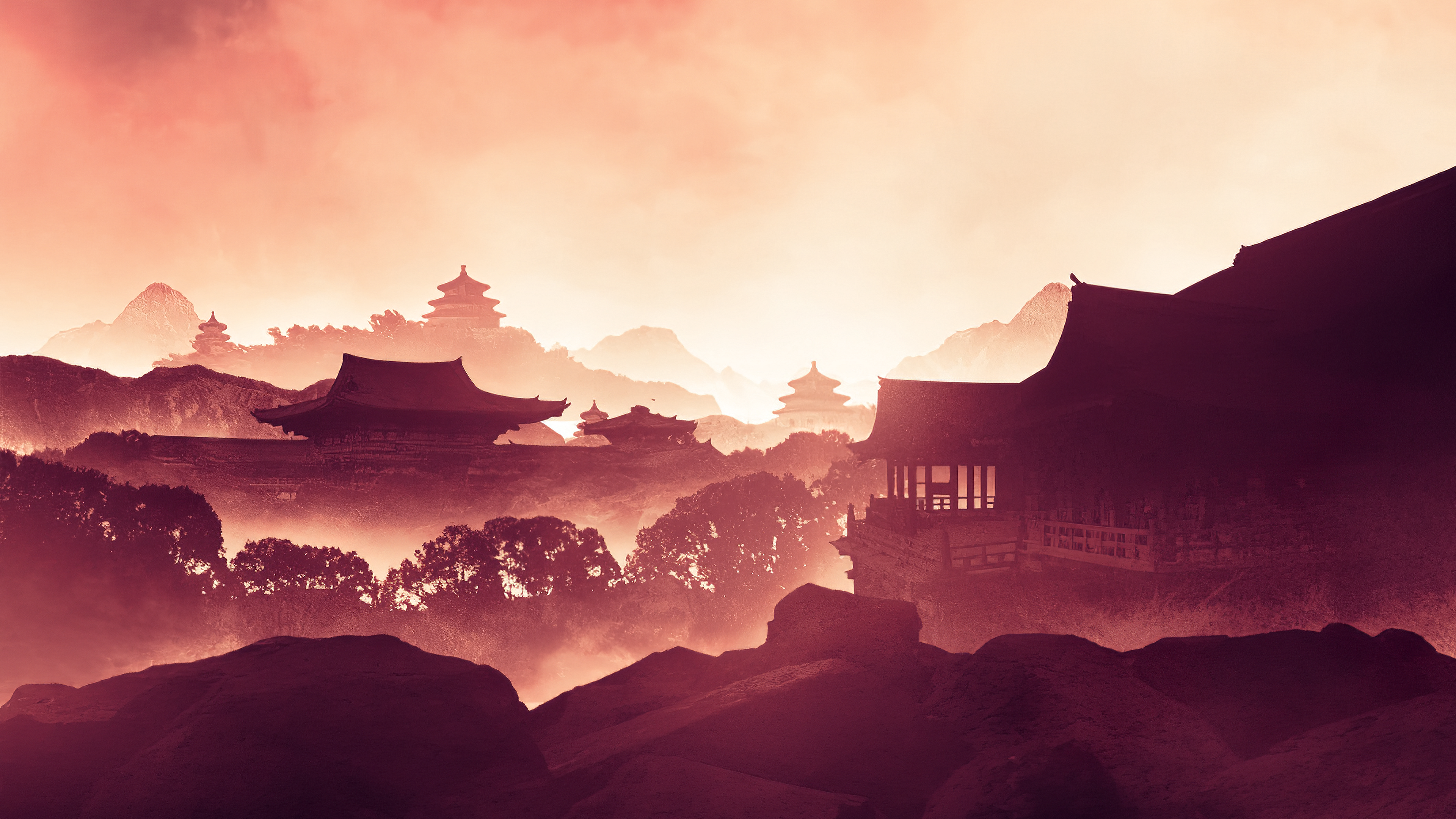 AI艺术 插图 建筑 风景 自然 树木 黄昏 薄雾 天空 山脉 岩石 户外 国风 壁纸 3840×2160