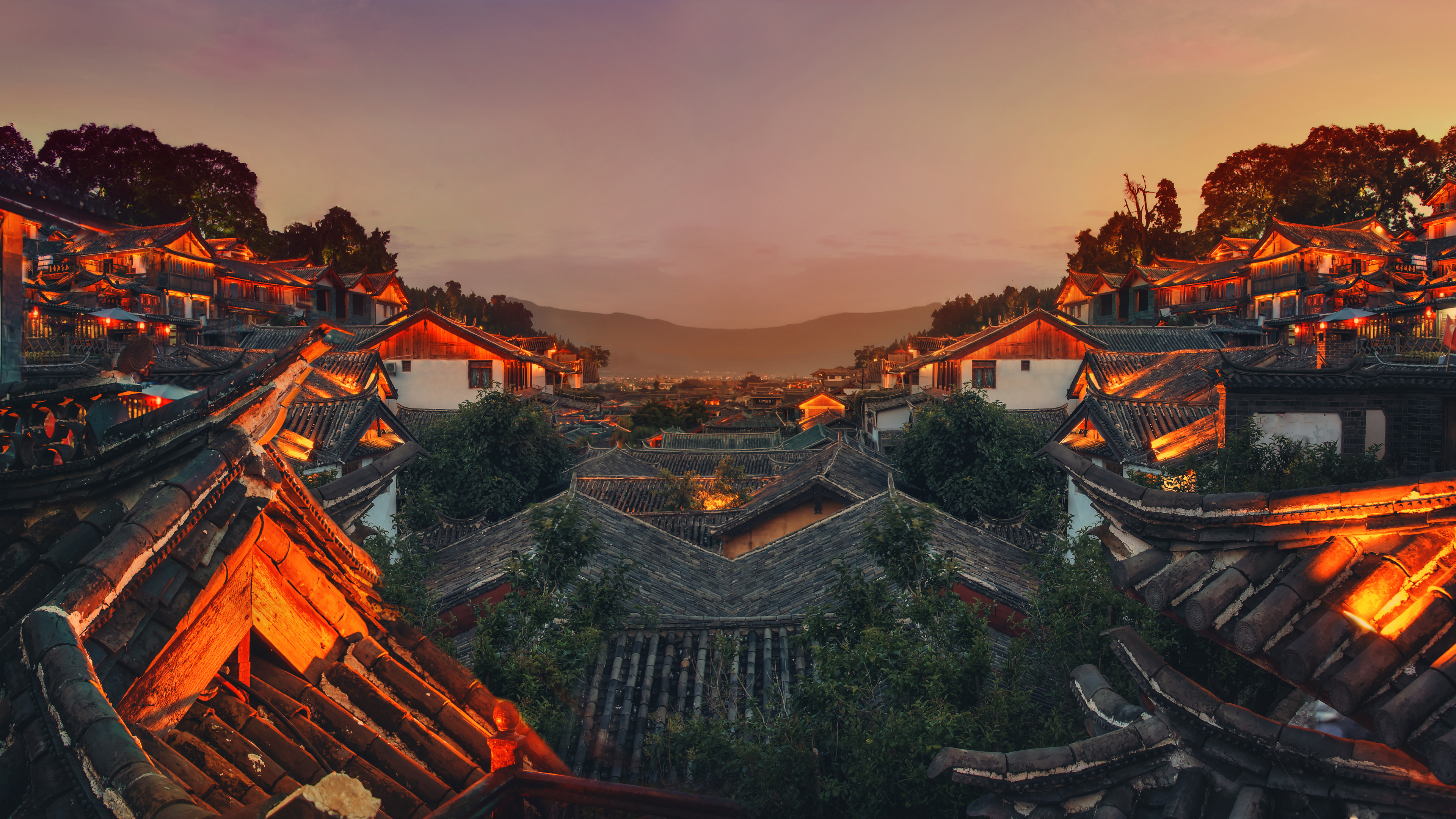 摄影 夕阳 山脉 地平线 国风 城市 景观 老建筑 高清壁纸 3840×2160