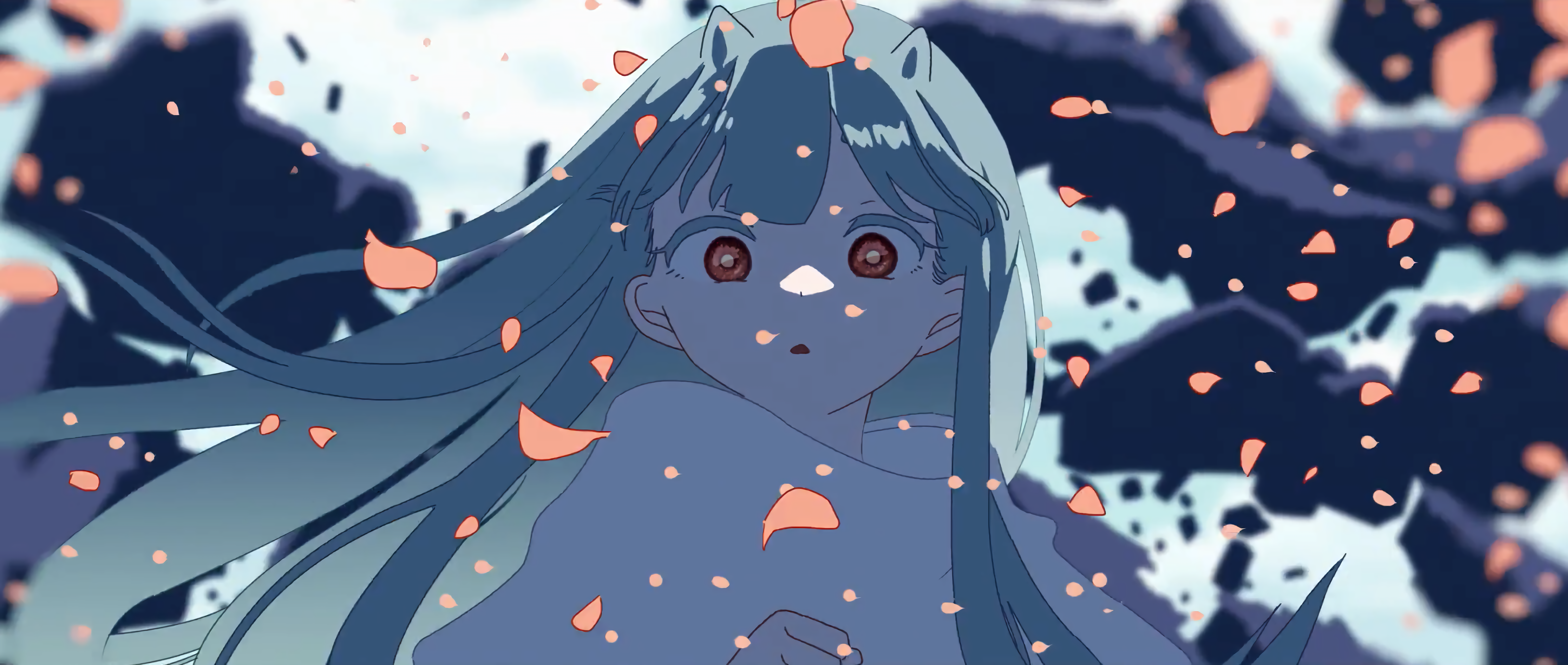 绚丽长发 动漫 女孩 花瓣 手机壁纸 7668×3252