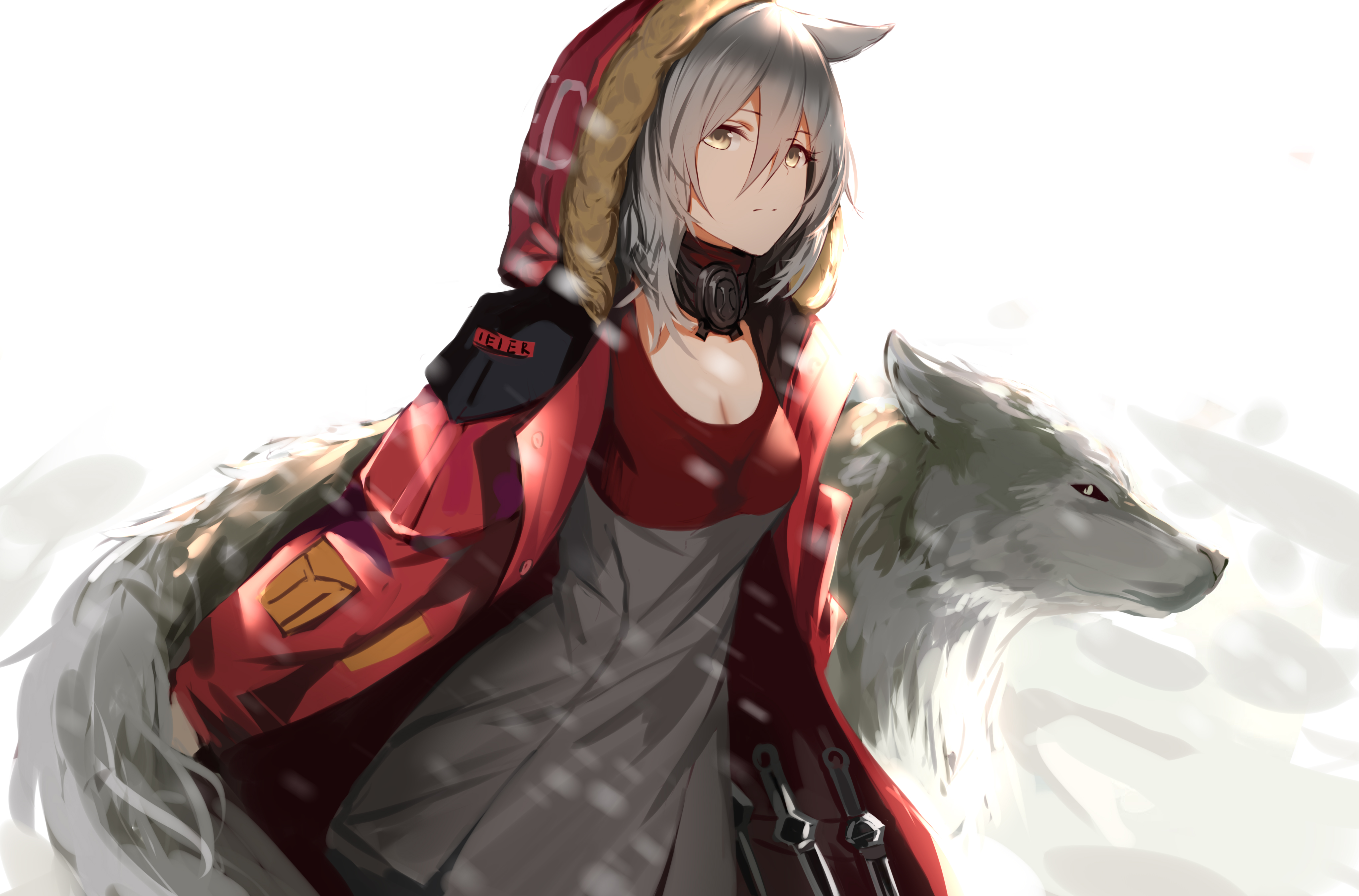动漫 女孩 狼 AI艺术 艺术 作品 明日方舟 红色 投影 壁纸 4093×2700