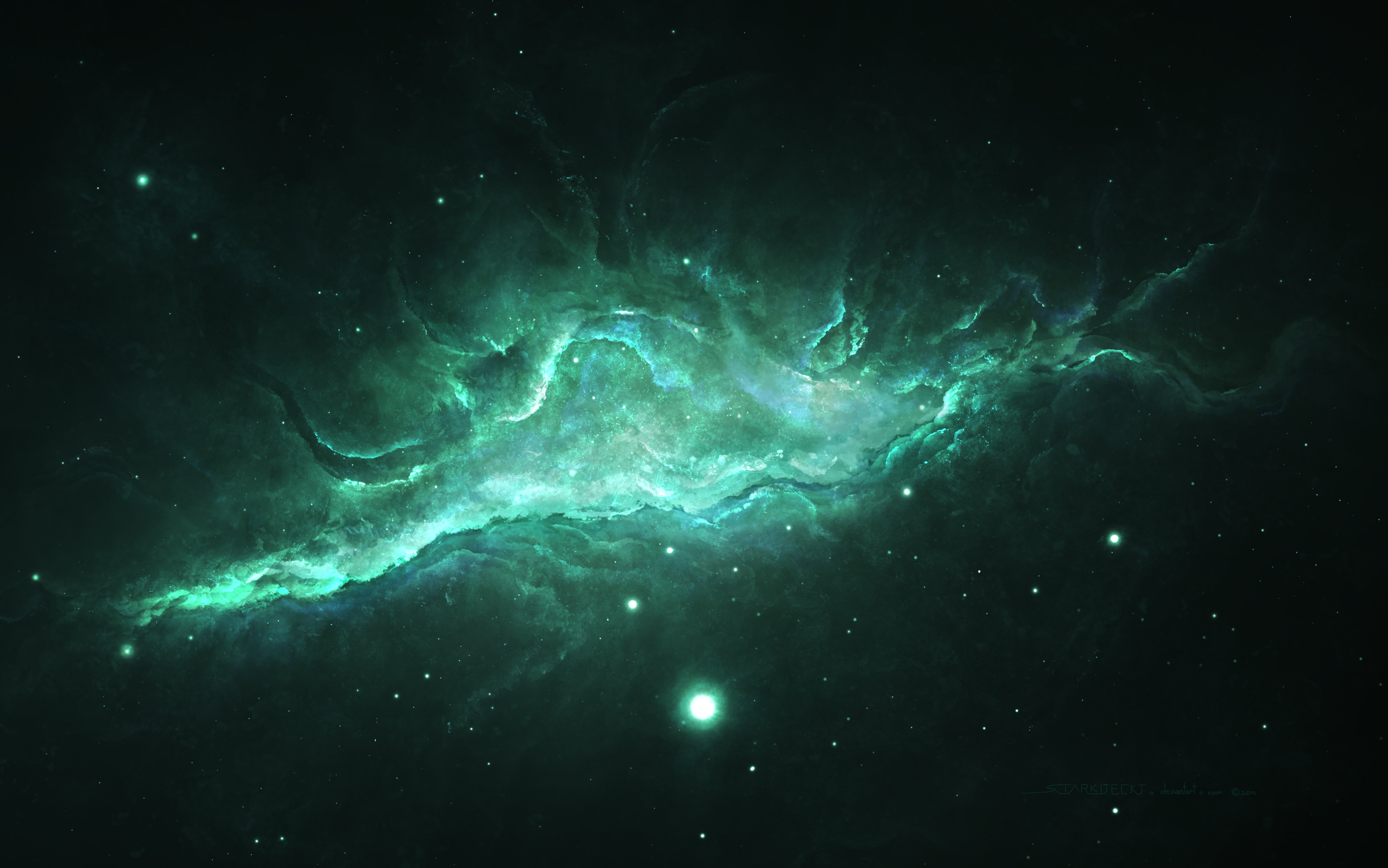 唯美空间 星云 恒星 宇宙 空间艺术 绿色 桌面壁纸 5120×3200