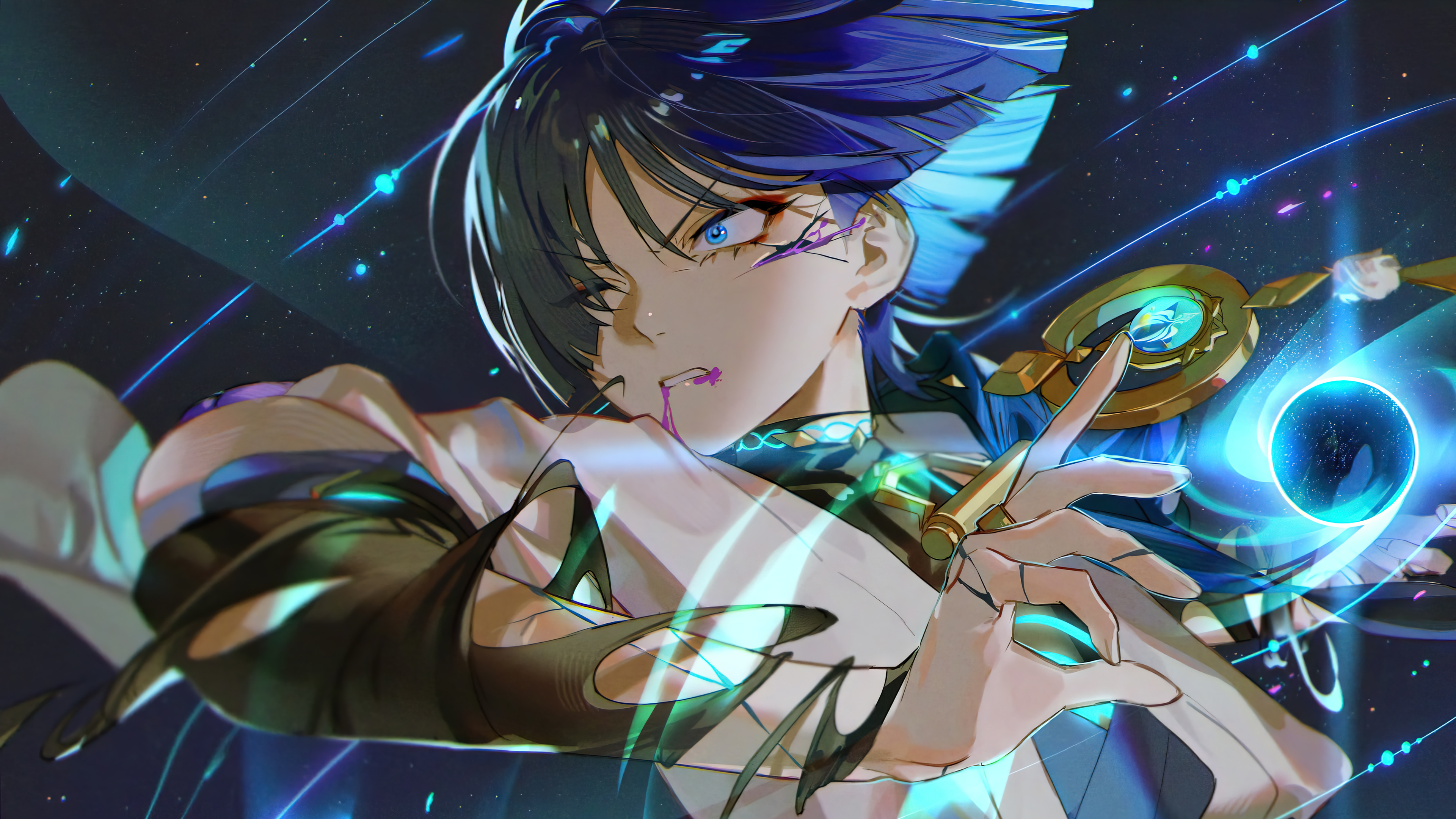 经典蓝头发 蓝眼睛 动漫 男孩 流浪者 原神 血液 壁纸 3840×2160