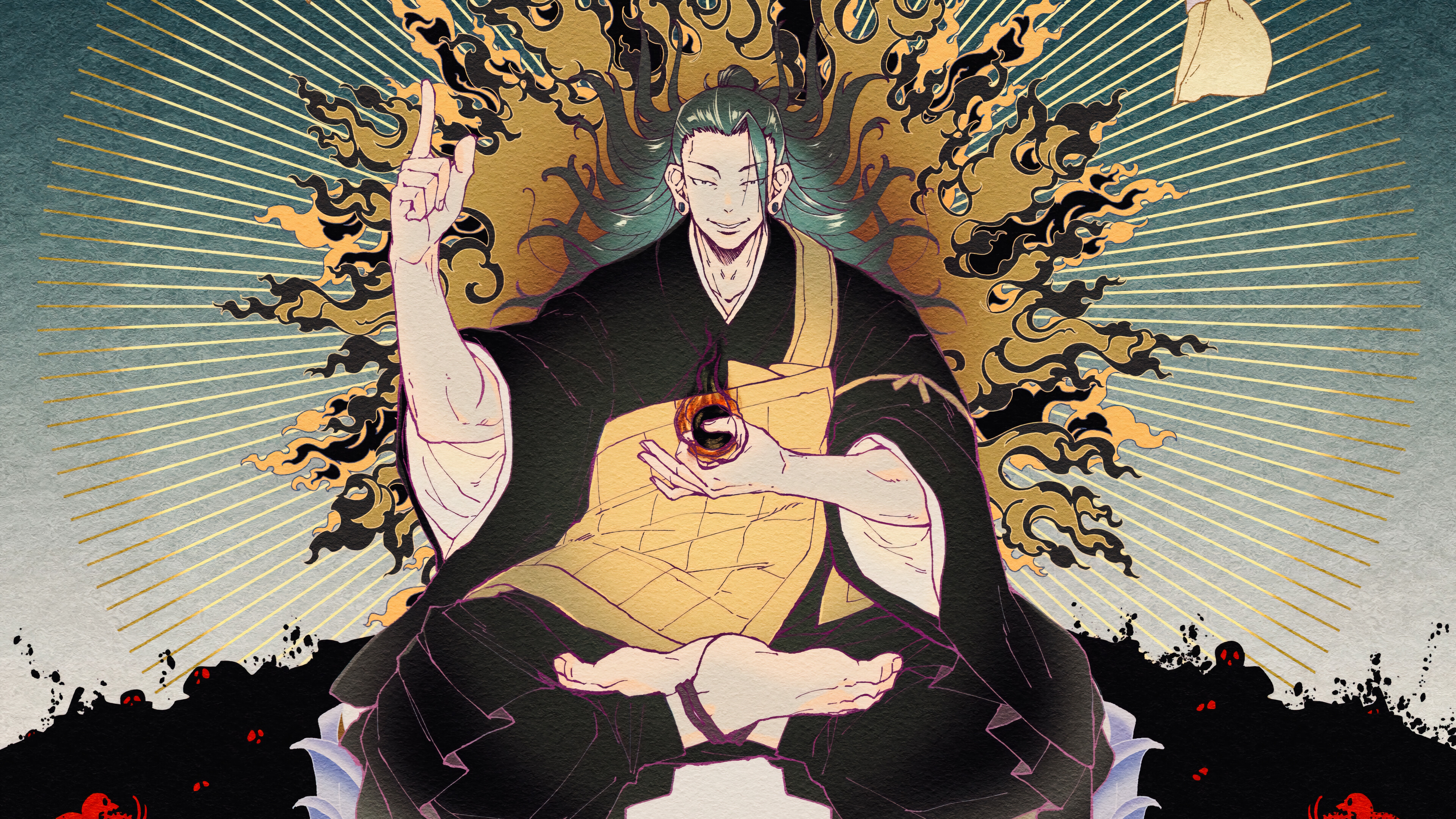 长发 盘腿 动漫 男孩 耳环 极简主义 简单背景 壁纸 3840×2160