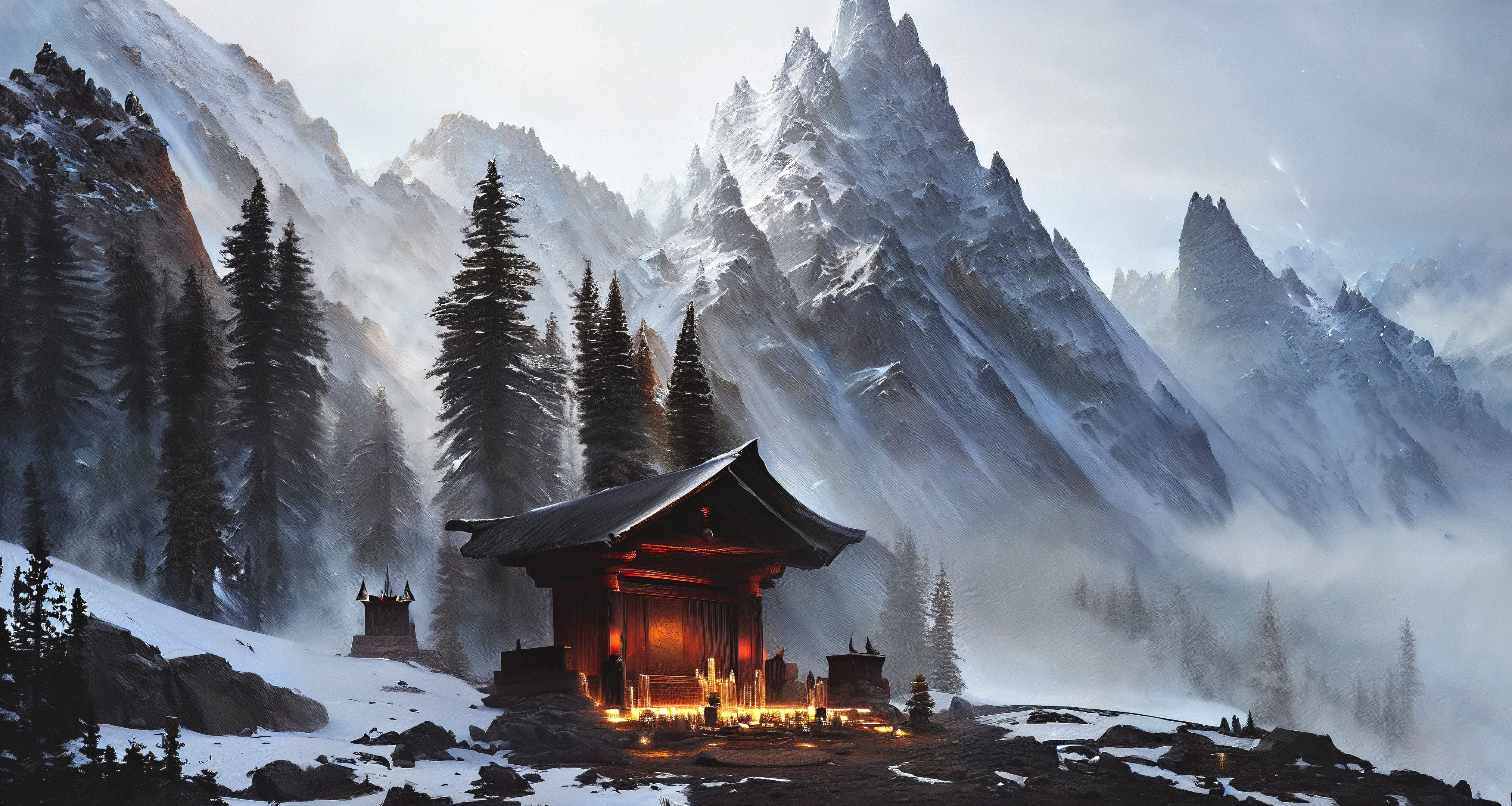 无名 艺术 雪 山 圣地 树木 蜡烛 风景 薄雾 4K高清壁纸 4050×2160