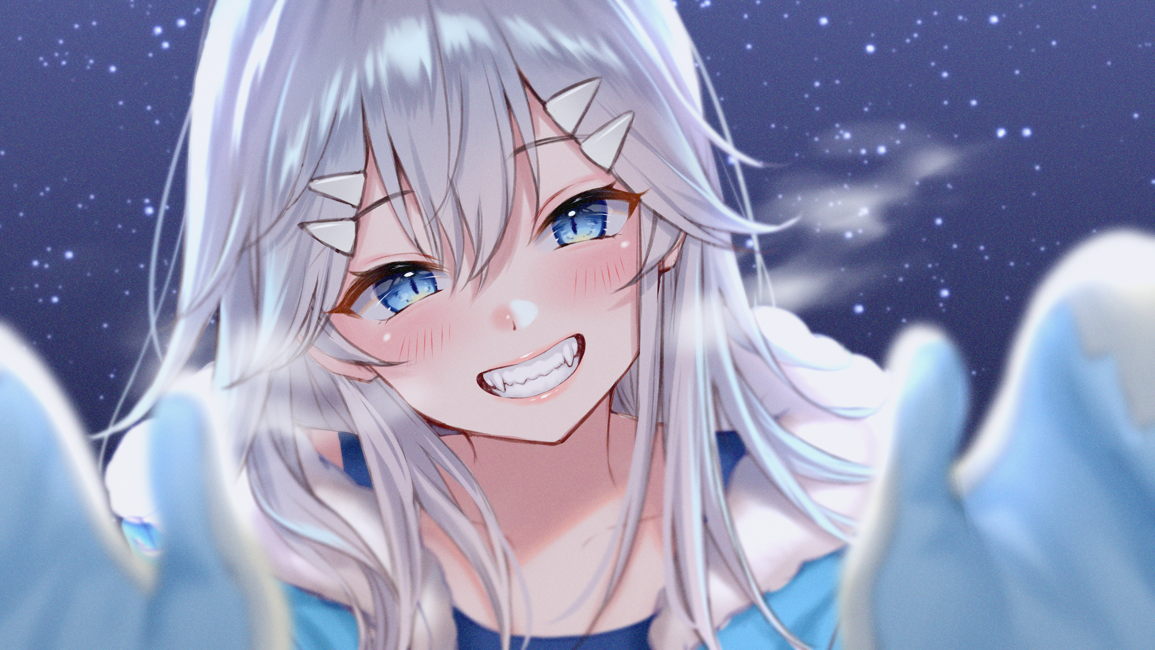 精选长发 蓝眼睛 微笑 脸 手套 银发 尖牙 动漫 女孩 壁纸 3840×2160