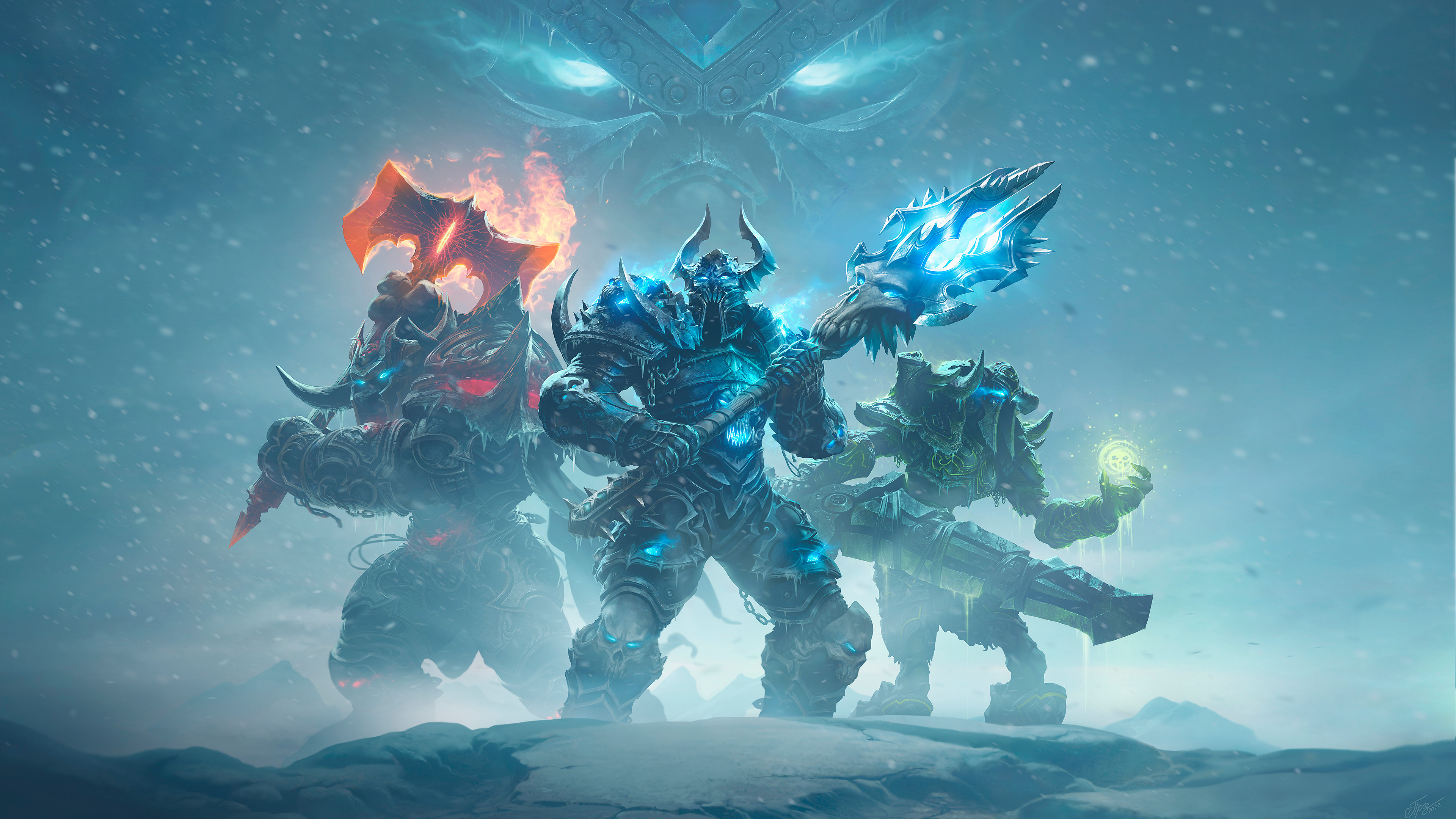 唯美战士 巫妖王 魔兽世界 奇幻艺术 武器 雪 冬天 魔法 游戏CG 死亡骑士 无水印壁纸 3840×2160