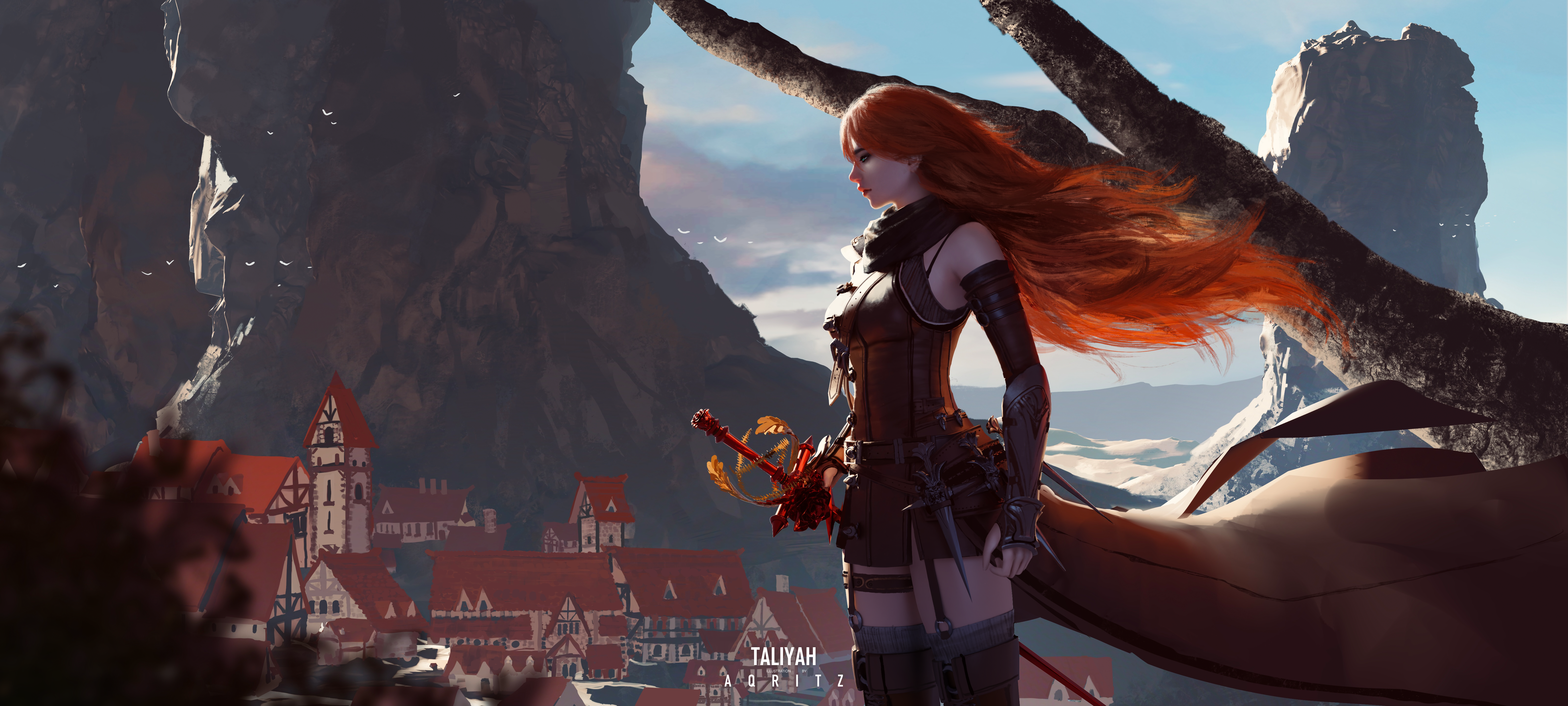 唯美女人 红发 长发 奇幻艺术 剑 壁纸 6399×2883
