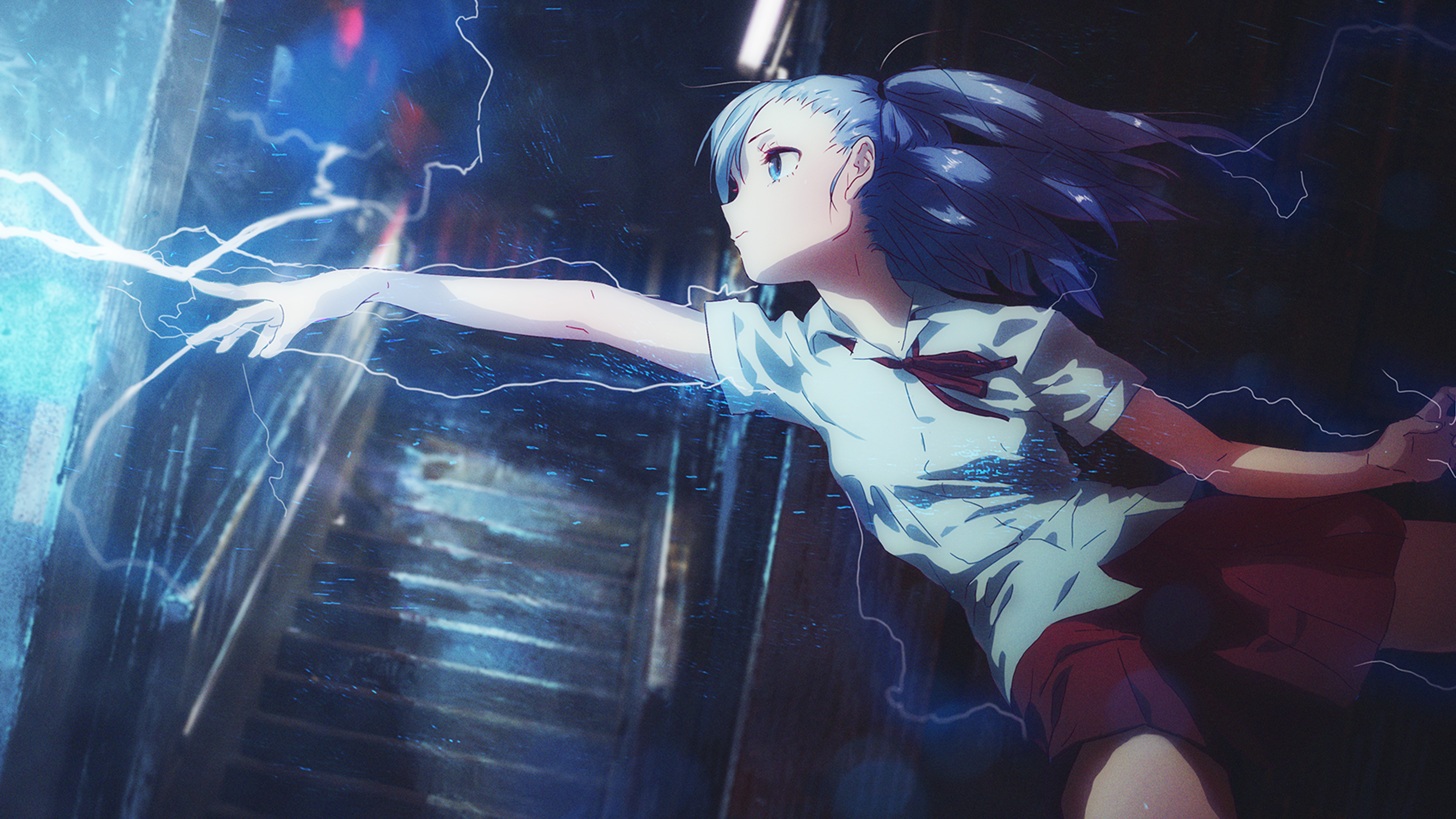 原创 人物 蓝头发 蓝眼睛 动漫 女孩 闪电 校服 壁纸 3840×2160