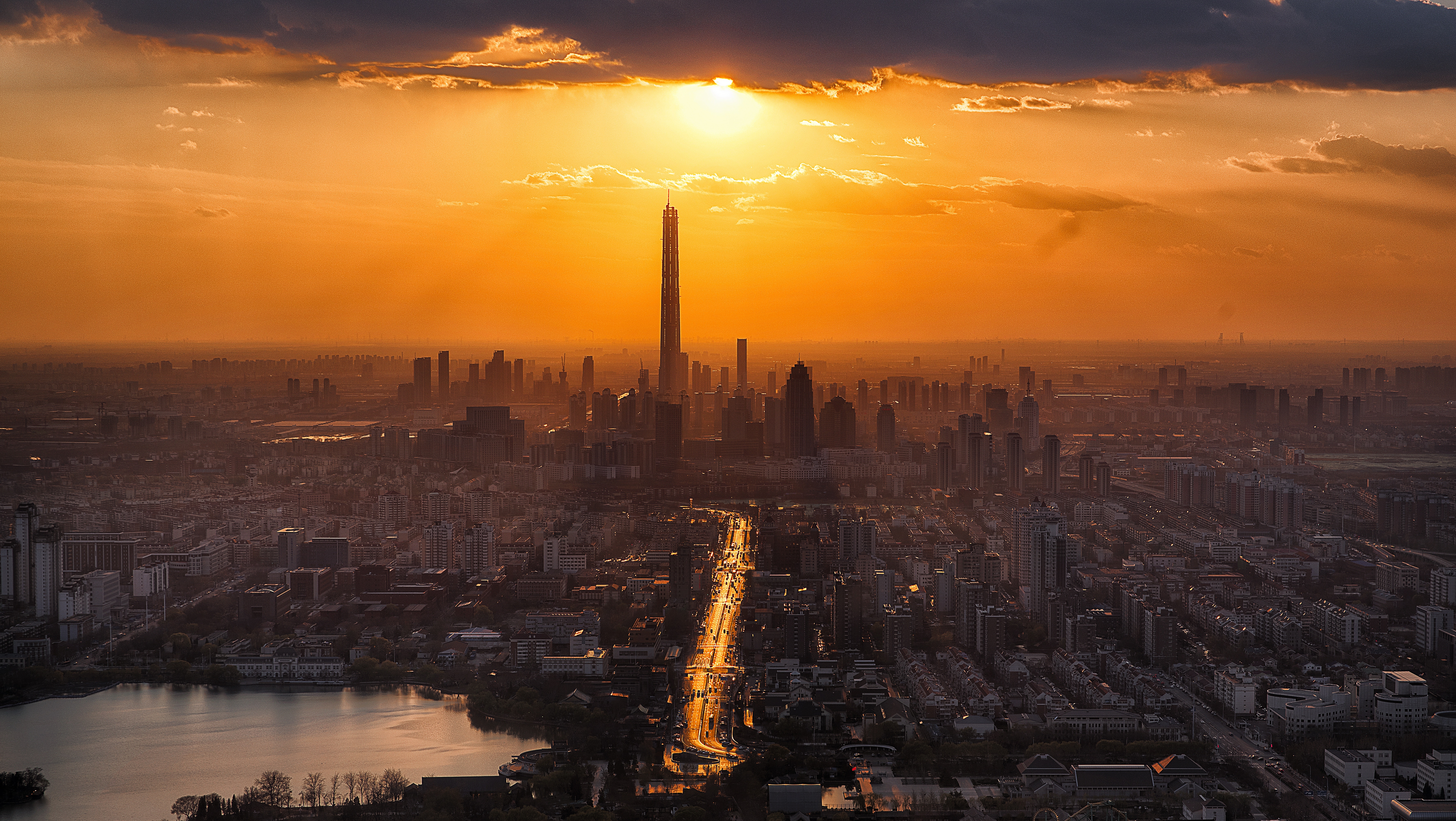 超清城市 建设 道路 太阳 云 建筑 湖 景观 壁纸 7120×4013
