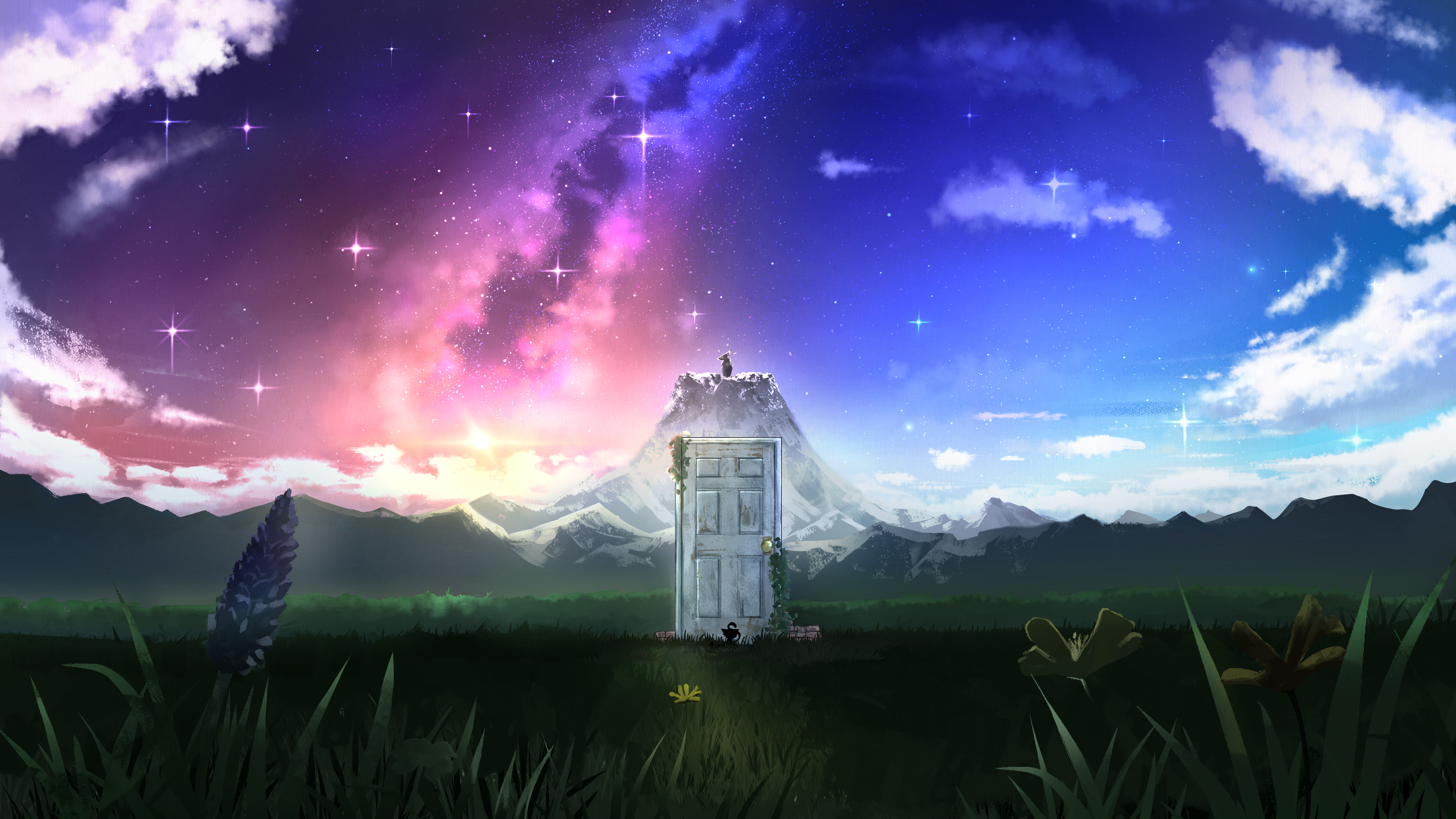 热门风景 田野 门 自然 山 天空 云 星星 AI艺术 星空 草 天气之子 桌面壁纸 3840×2160