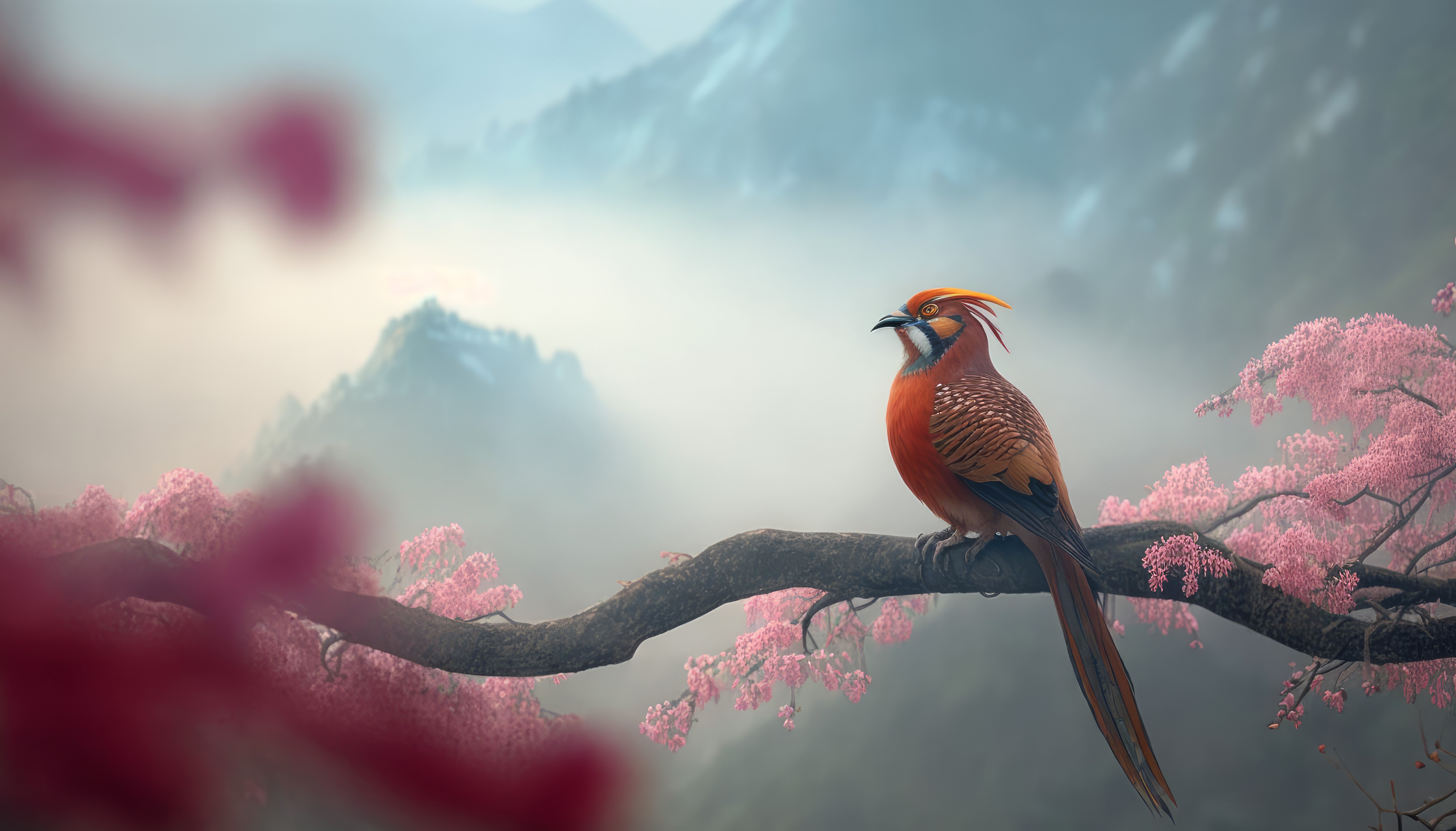 唯美鸟类 插图 动物 树枝 自然 花 手机壁纸 4579×2616