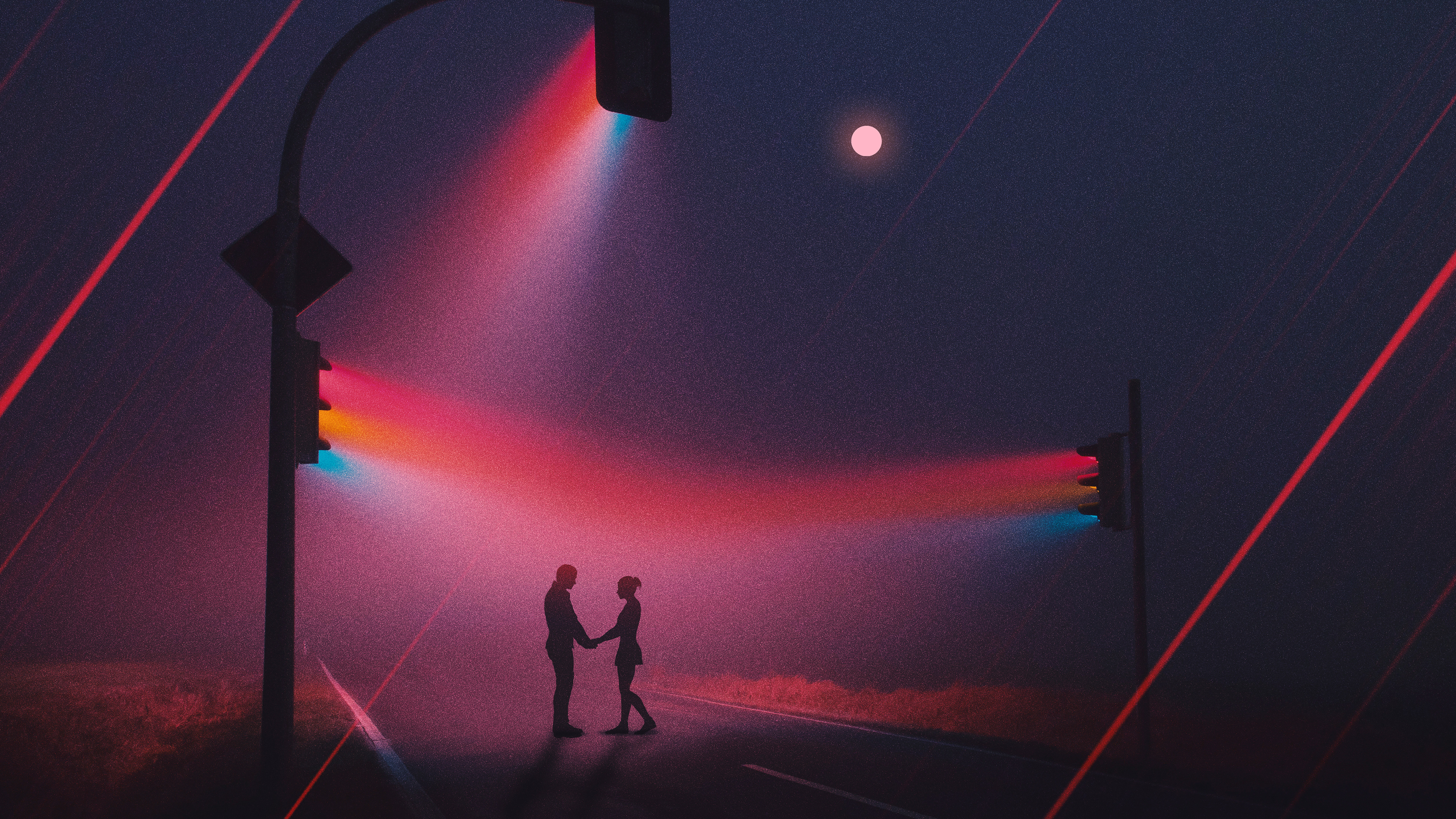 情侣 爱 霓虹灯 交通灯 道路 夜晚 灯 路灯 月亮 雨 4K高清壁纸 3840×2160