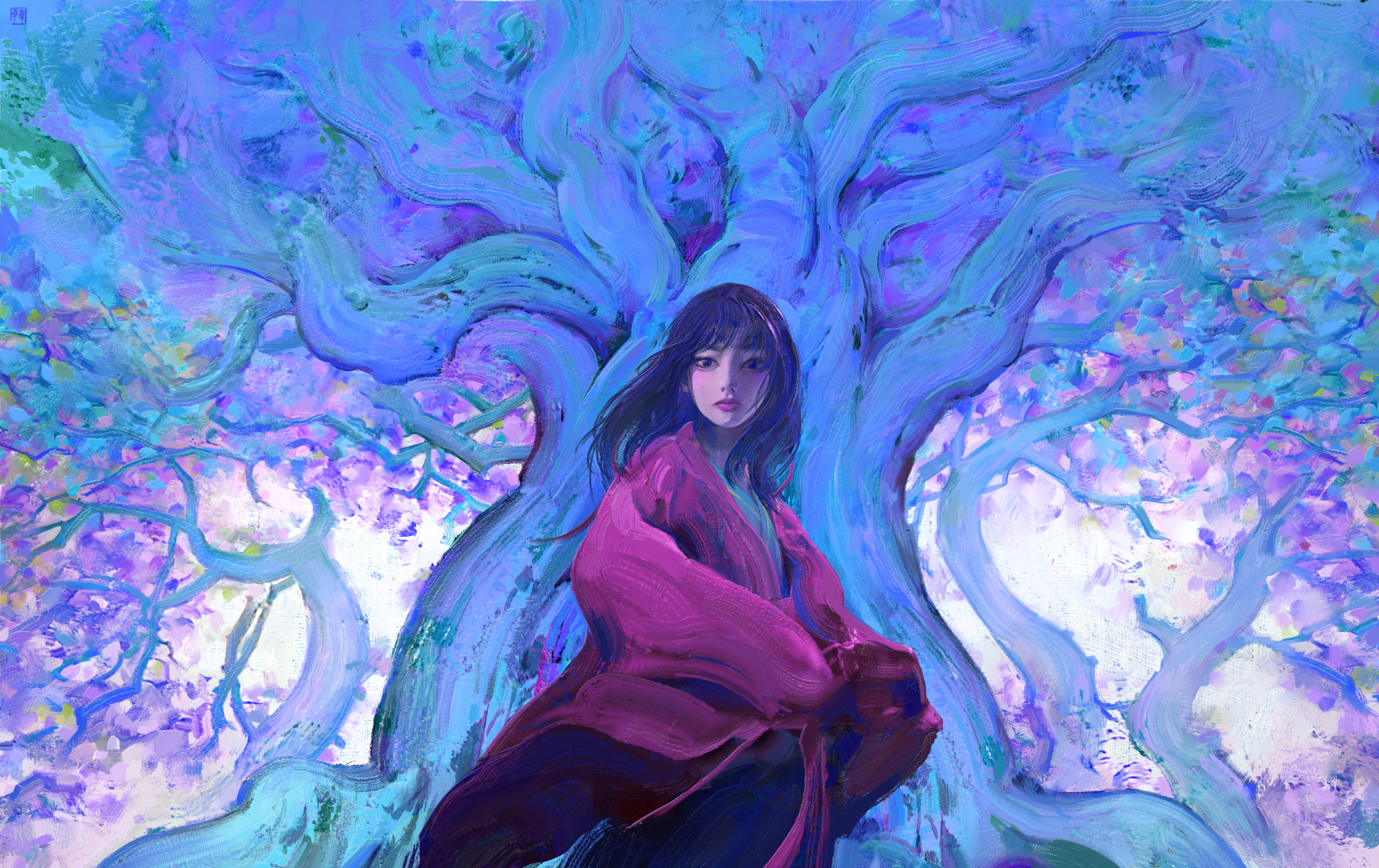 唯美女人 黑发 数码艺术 插图 绘画 蓝色 森林 树木 高清壁纸 3840×2418