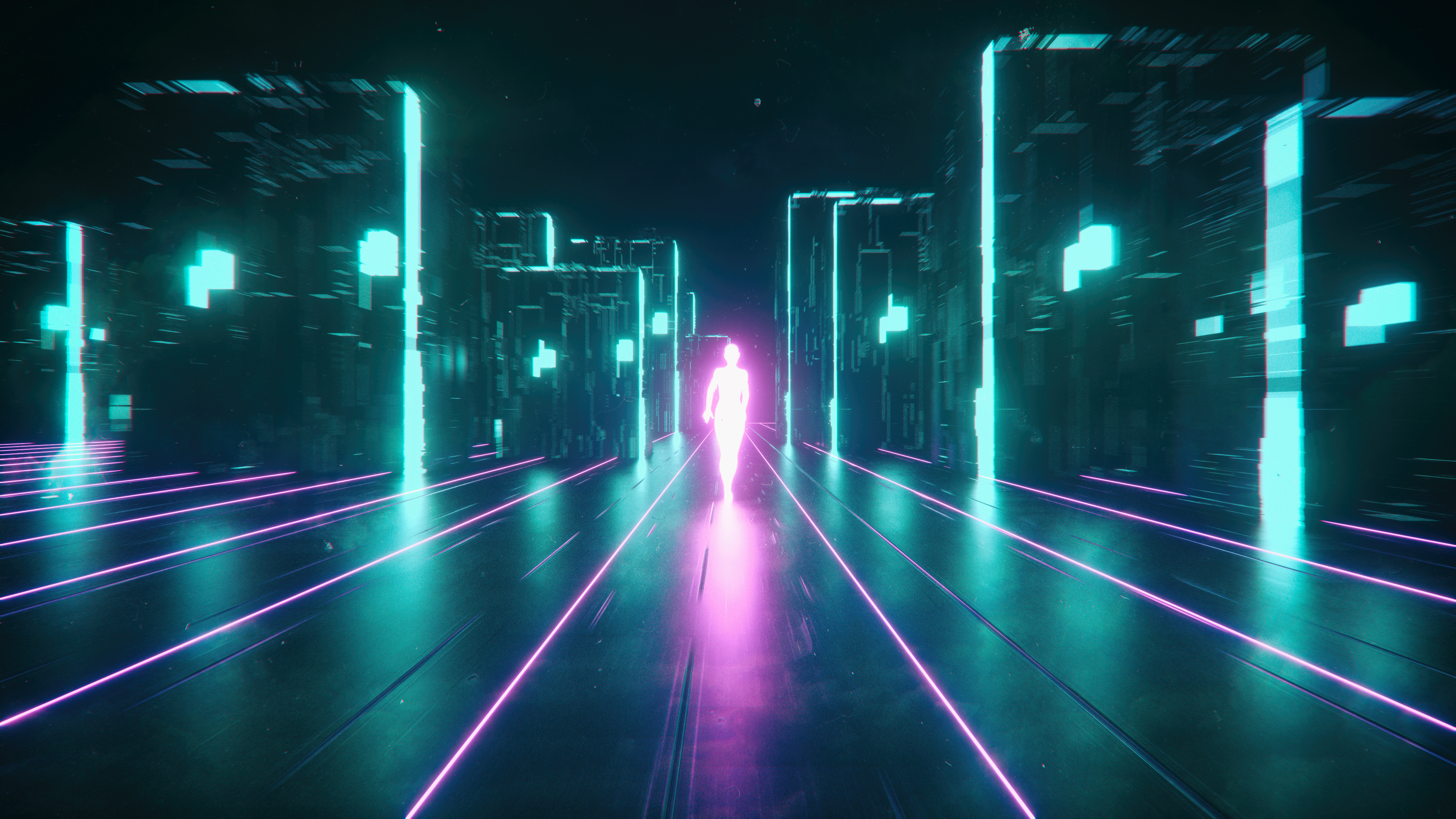 霓虹灯 赛博朋克 深色 数码 粉色 青绿色 无水印壁纸 3840×2160