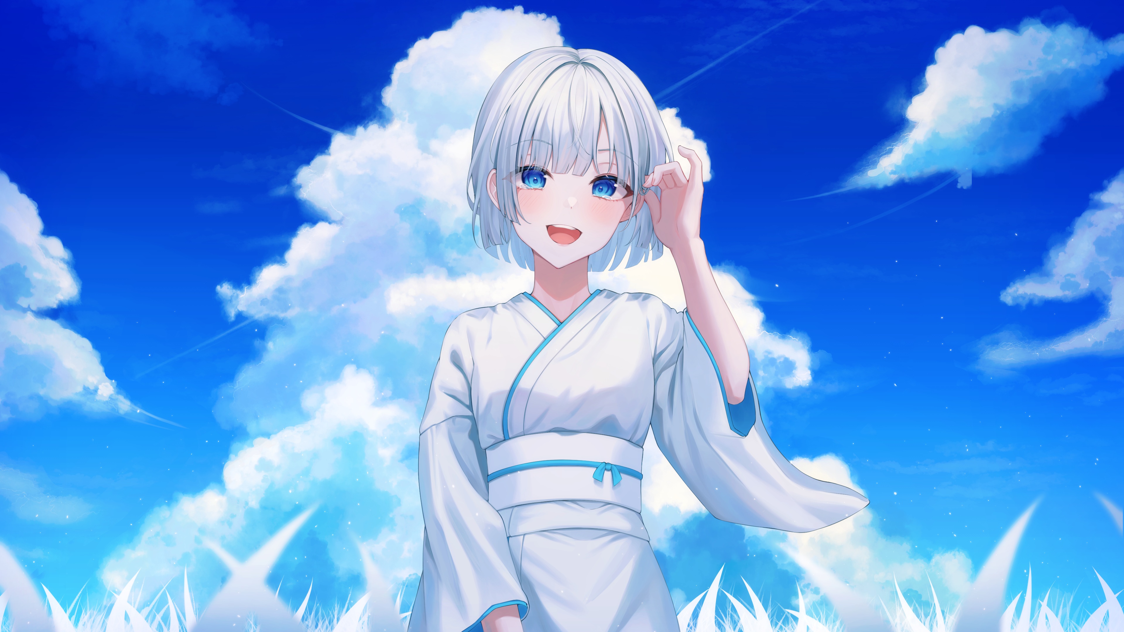 蓝眼睛 短发 眼泪 沙林 动漫 女孩 天空 云 白色衣服 服装 银发 4K高清壁纸 3840×2160