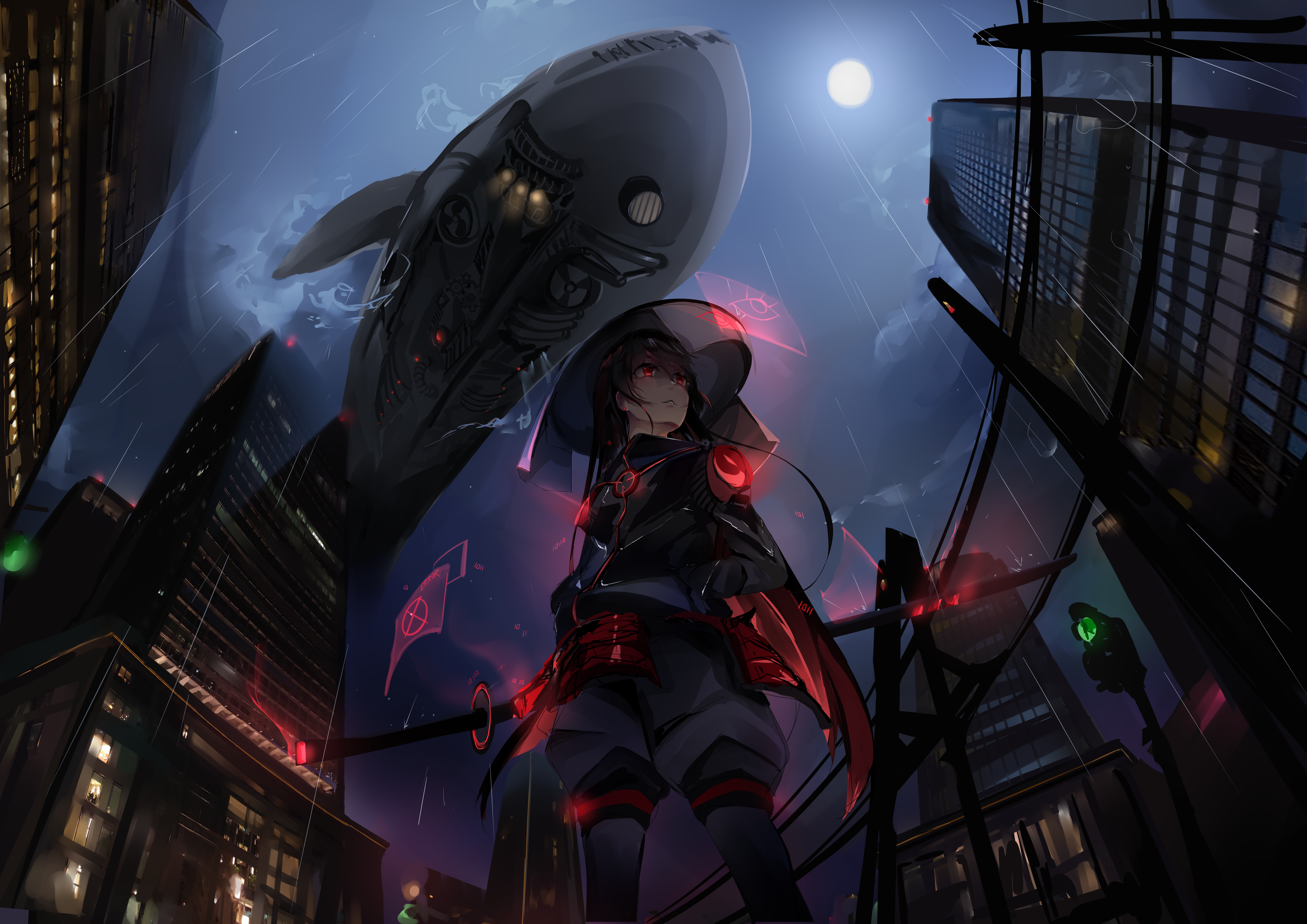 黑发 剑 武士 月亮 武器 飞艇 鲸鱼 动漫 女孩 黑色背景 霓虹灯 城市 赛博朋克 未来主义 桌面壁纸 8185×5787