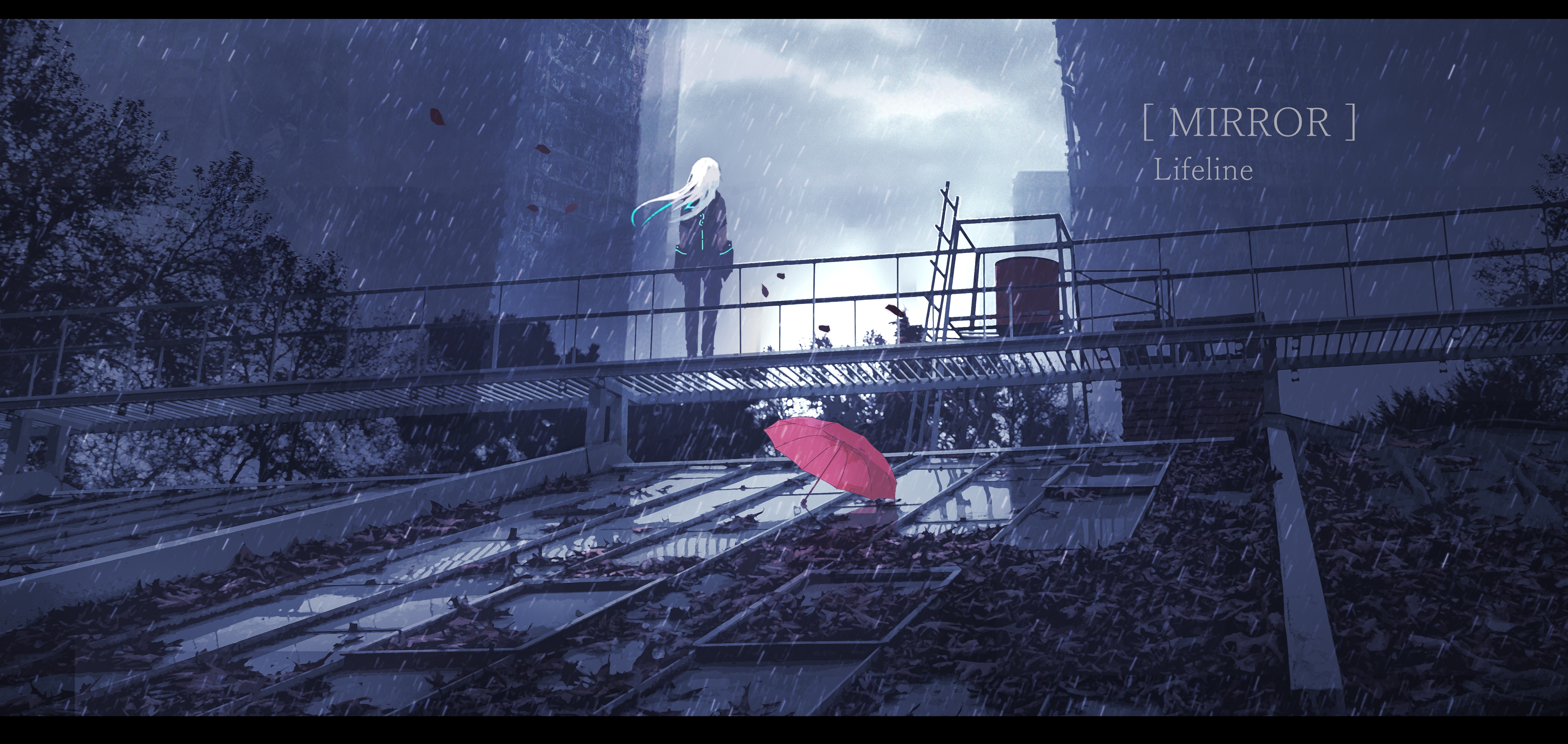 动漫 女孩 雨伞 雨 红伞 白发 4K高清壁纸 4800×2280