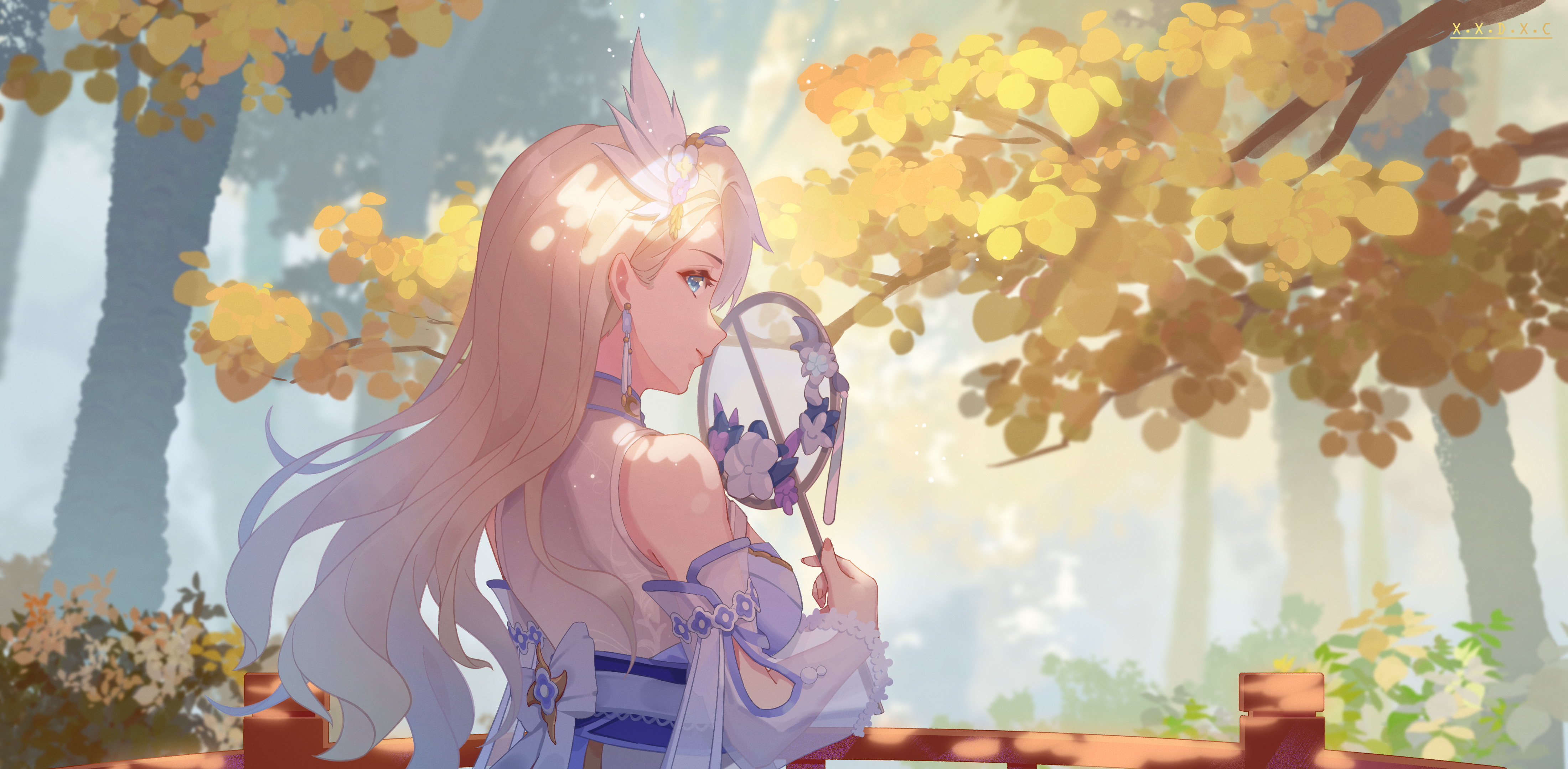 艾琳 蓝眼睛 灵魂 插图 动漫 女孩 树 4K高清壁纸 4401×2160