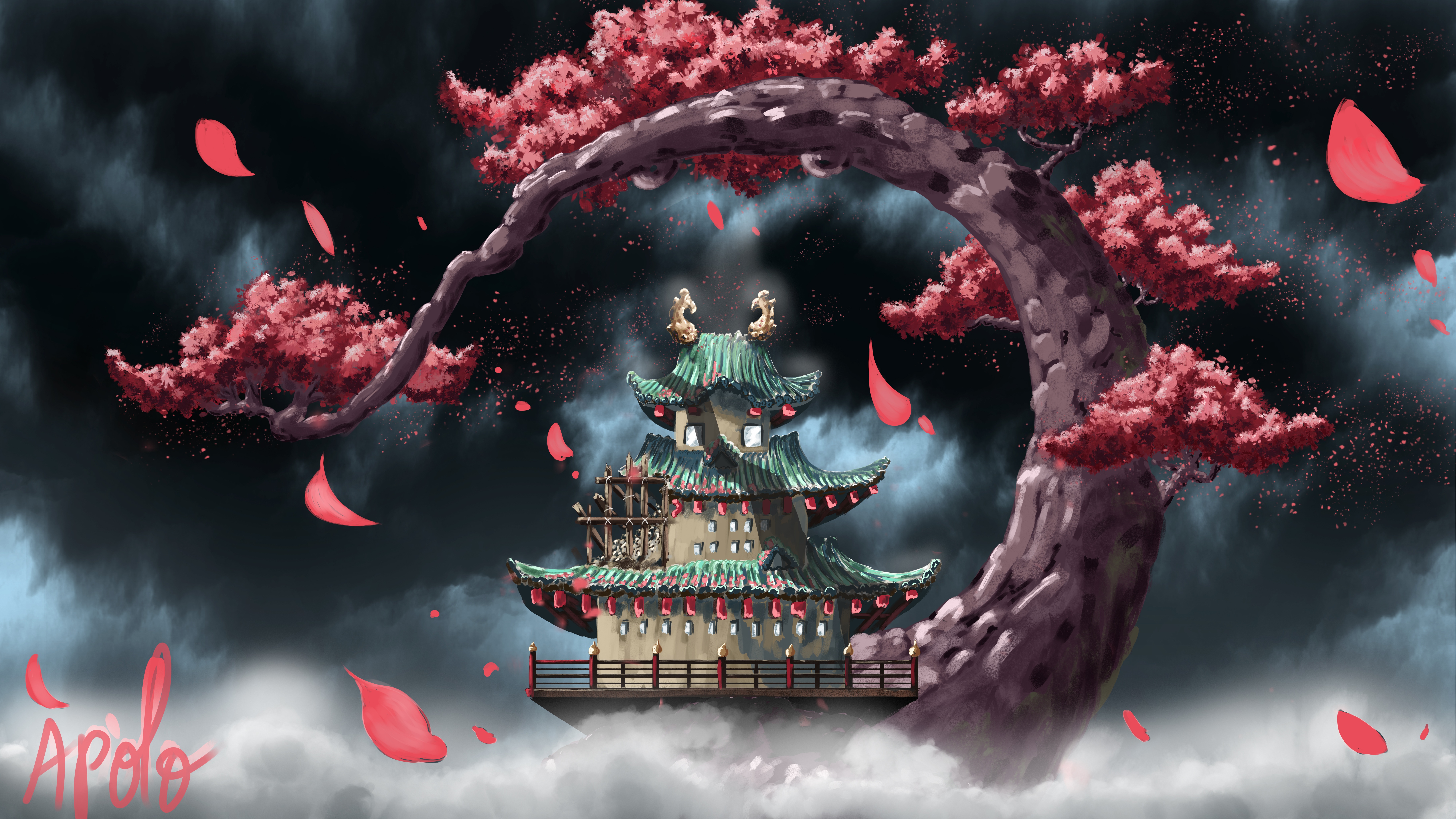 经典AI艺术 素描 寺庙 树木 风 花瓣 高清壁纸 8000×4501