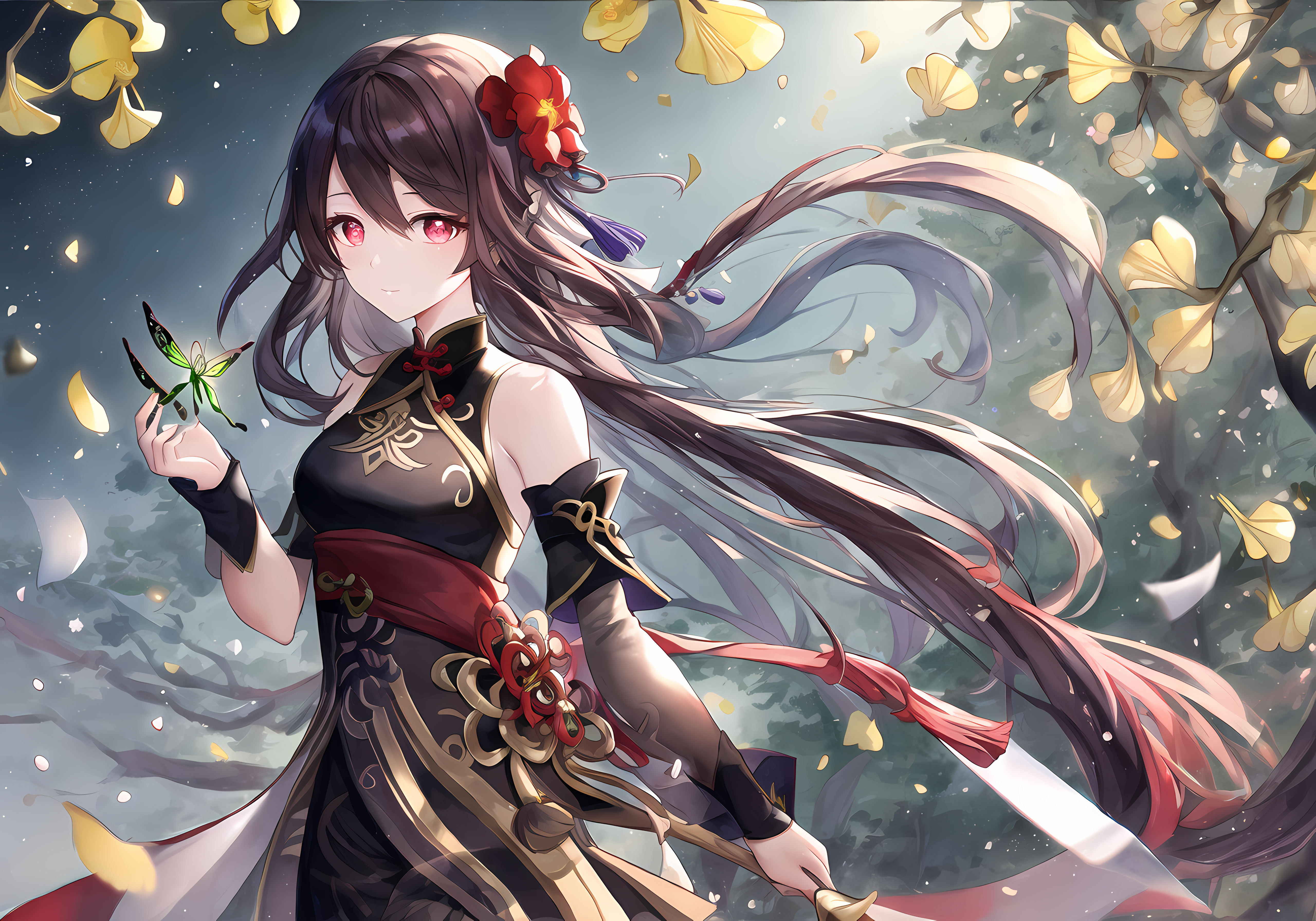 深色头发 红色眼睛 长发 动漫 女孩 人工智能 花瓣 鲜花 壁纸 5120×3584