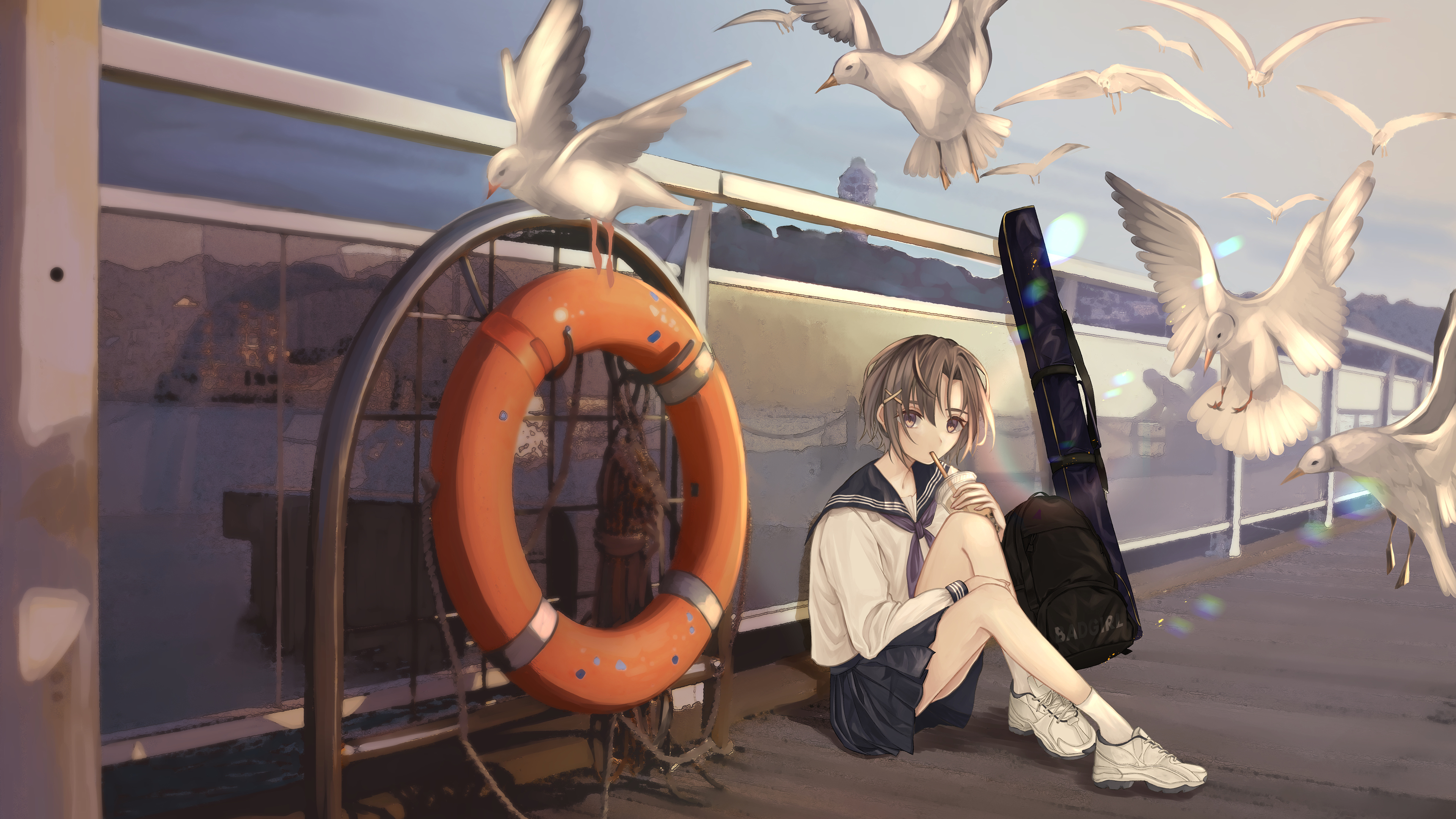 动漫 女孩 海洋 海鸥 水手服 短发 桌面壁纸 3840×2160