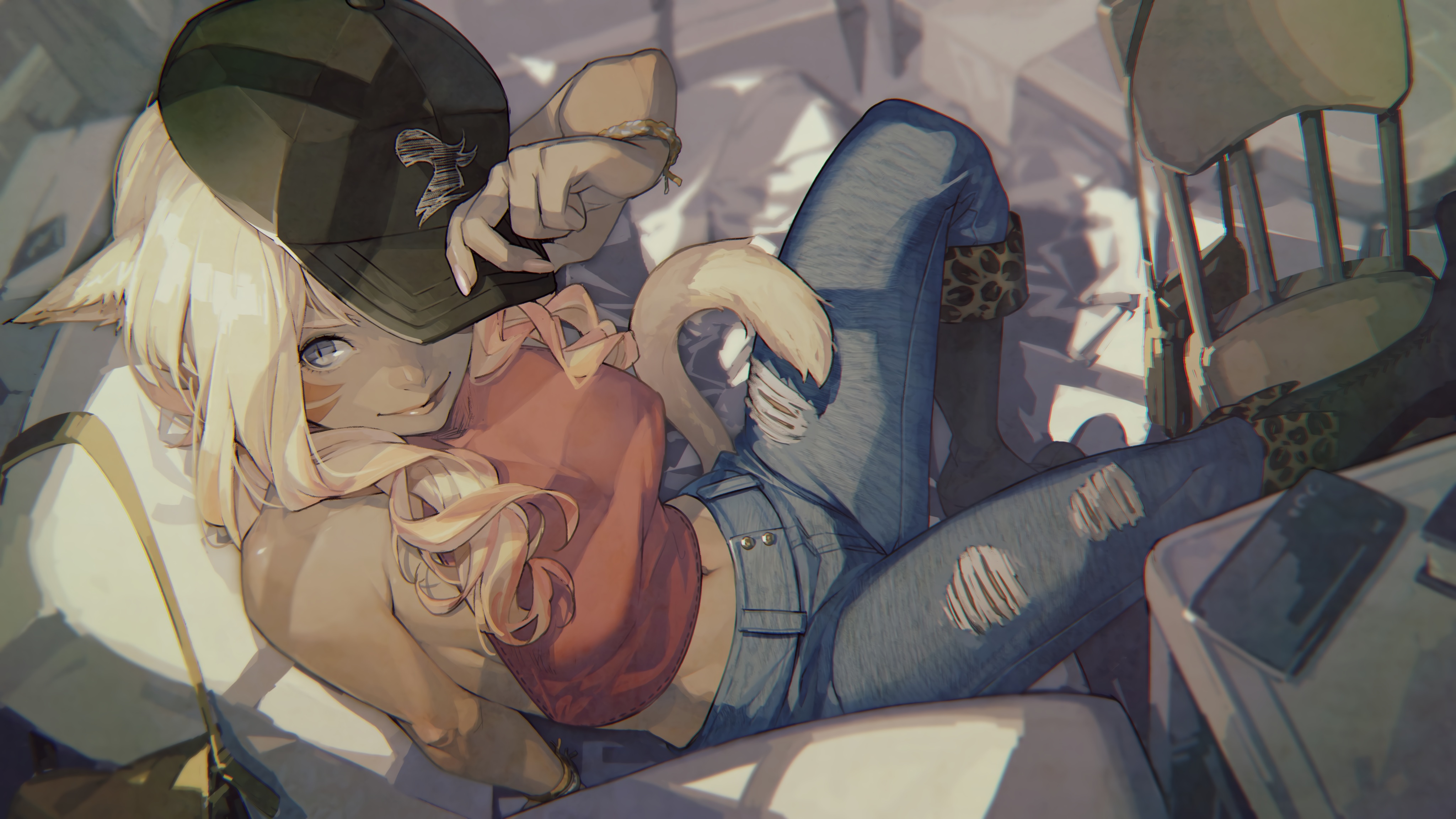 猫女孩 动漫 女孩 帽子 破衣服 猫耳朵 猫尾巴 最终幻想 4K高清壁纸 4096×2304