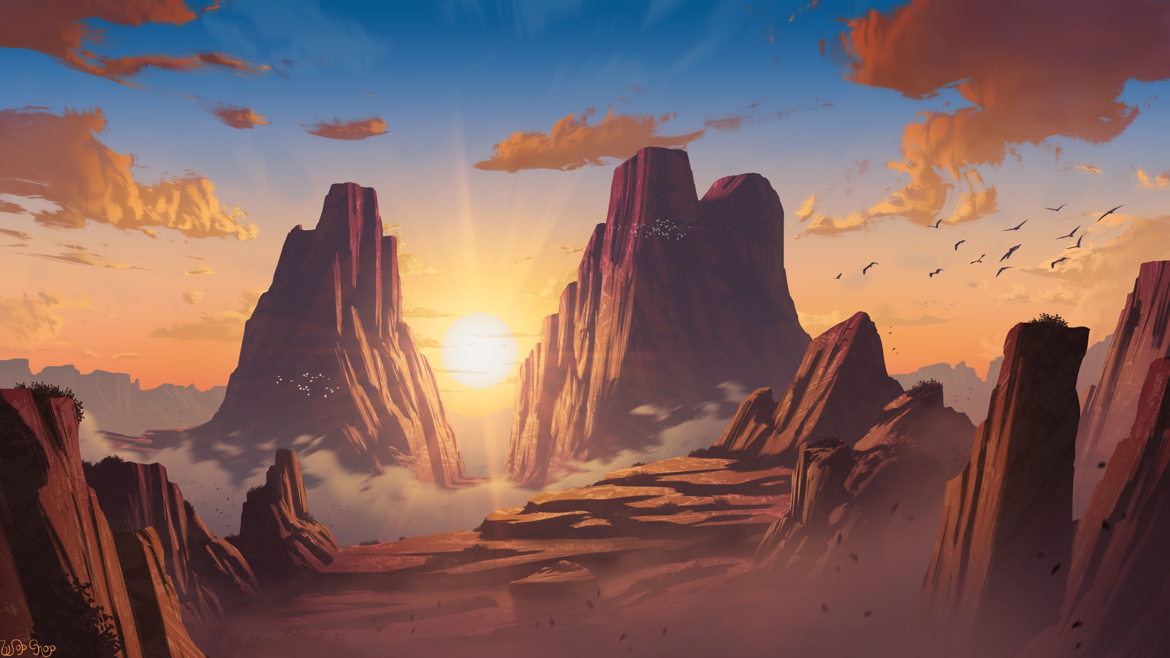 热门AI艺术 插图 风景 自然 日落 沙漠 岩层 云 鸟 环境 天空 夕阳 辉光 太阳 高清壁纸 3840×2160