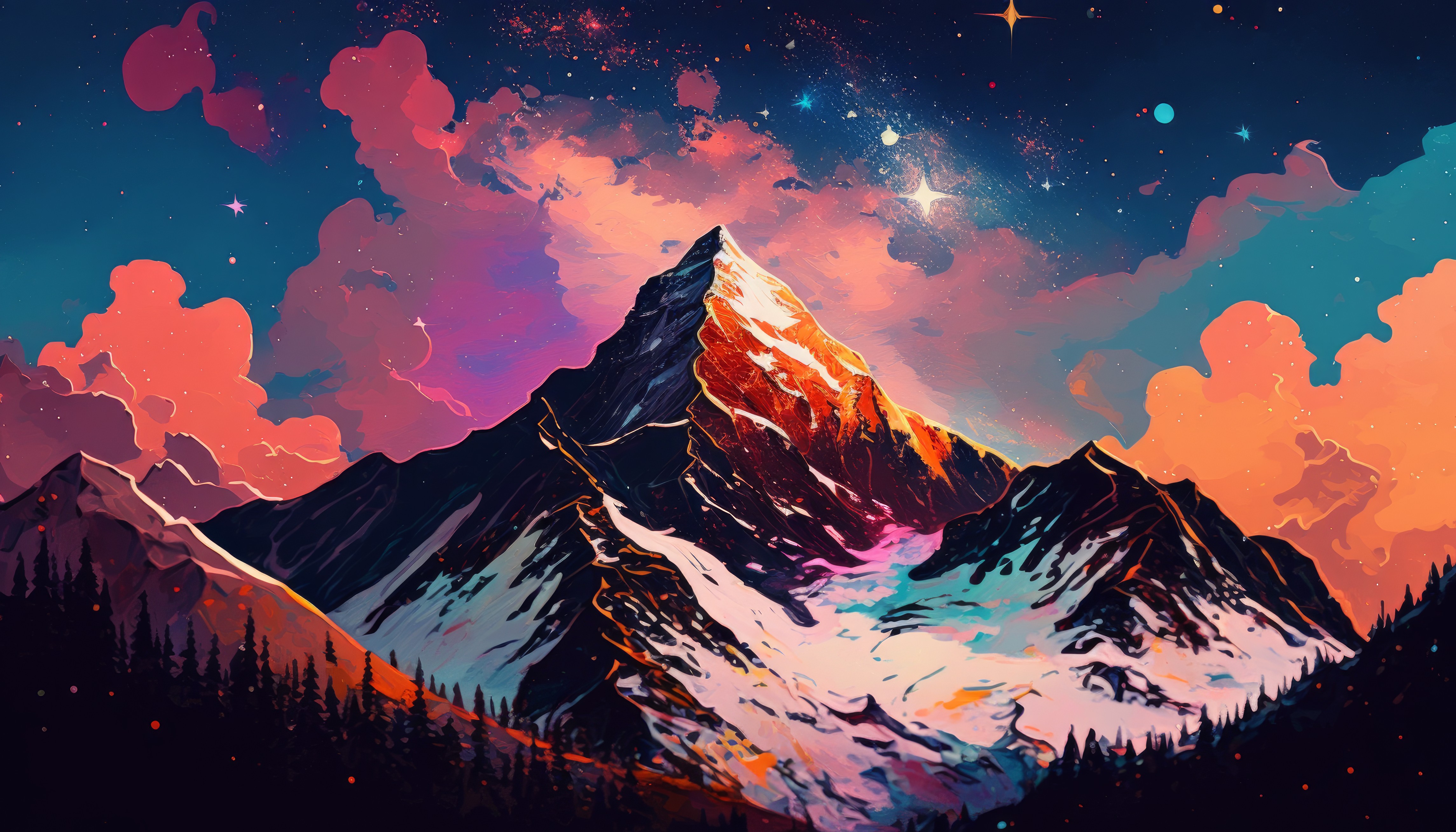绚丽艺术 山 雪 绘画 自然 星星 天空 云 4K壁纸 4579×2616