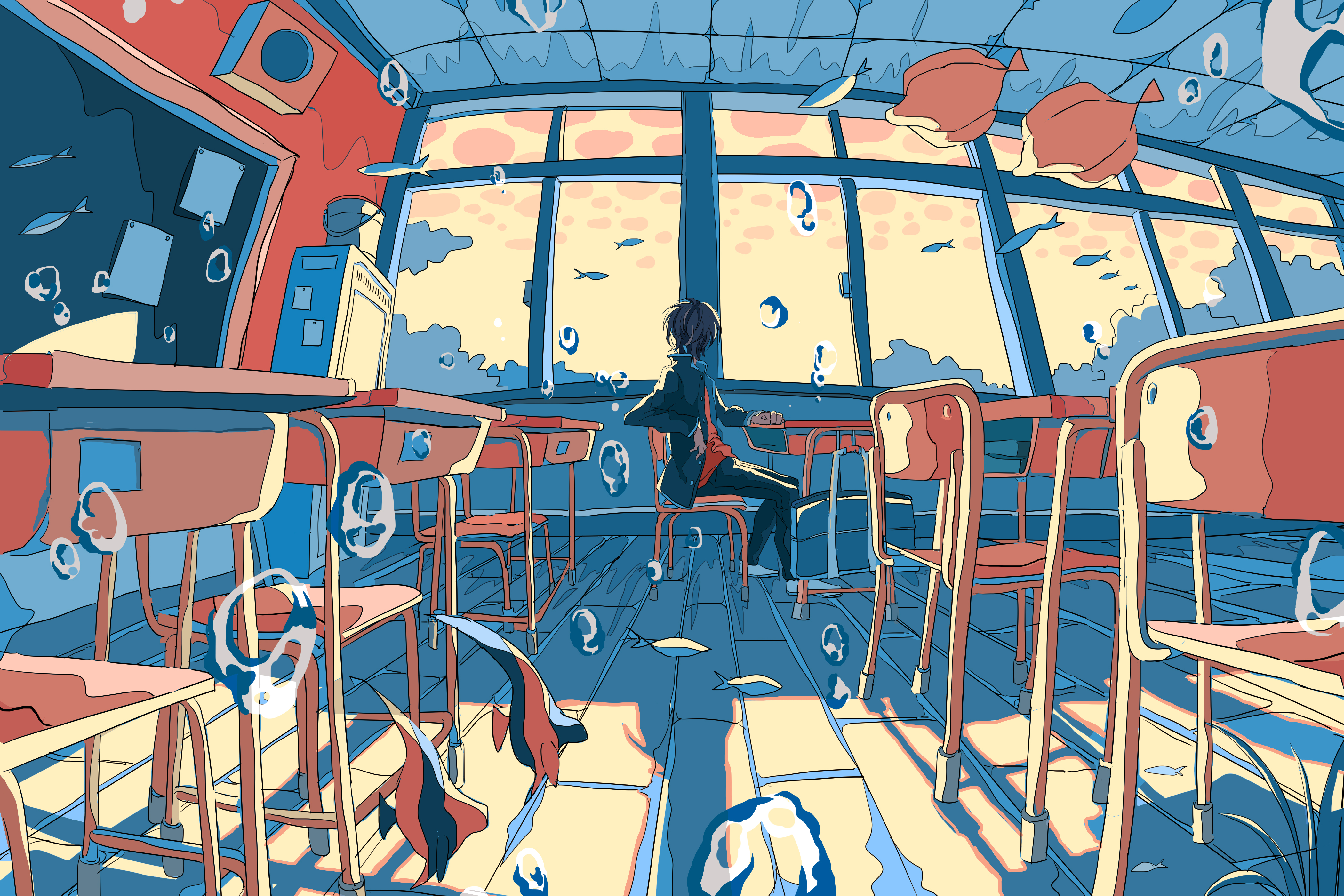 动漫 男孩 教室 天空 云 壁纸 4200×2800