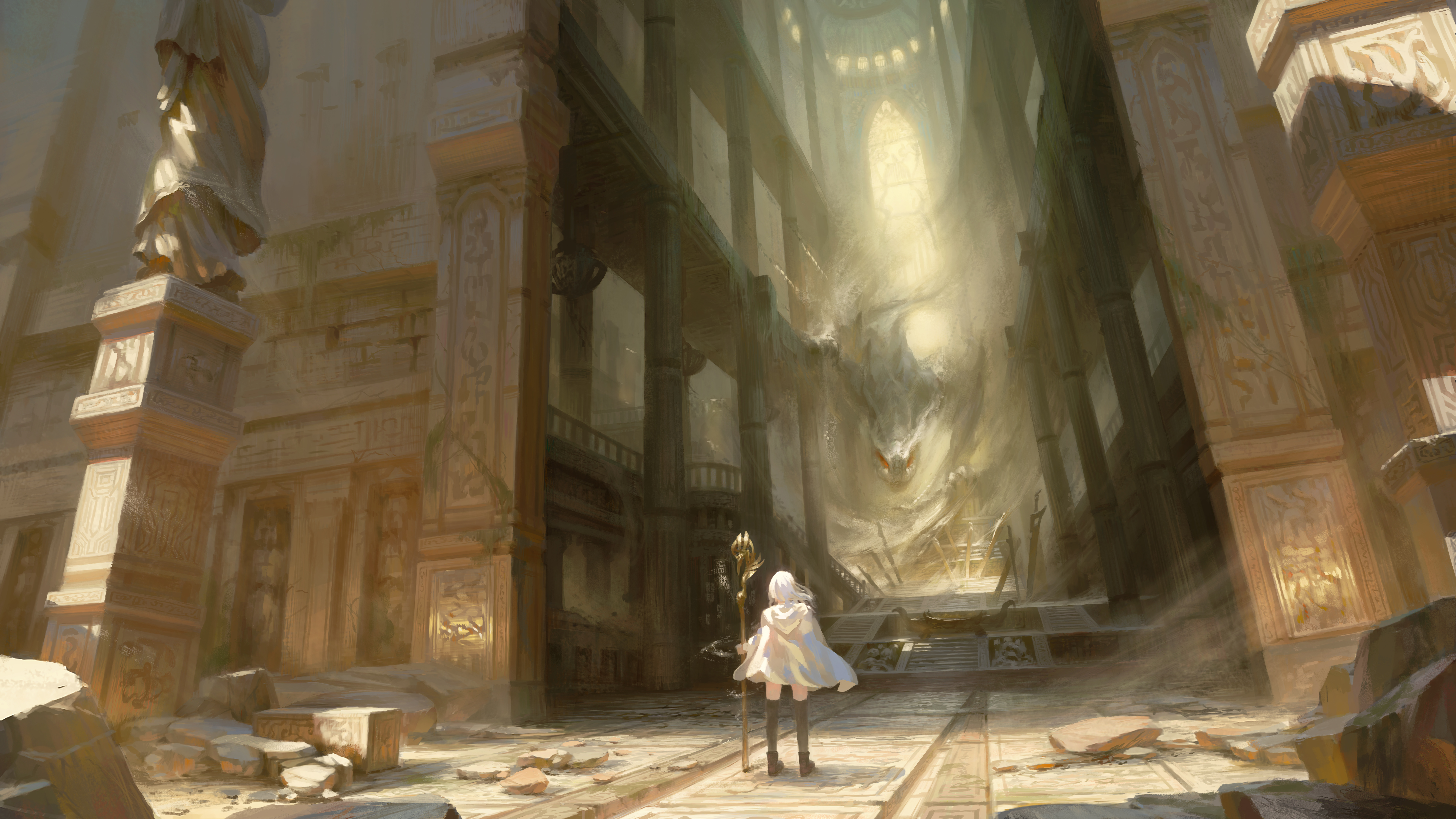空 动漫 女孩 龙 蛟 手机壁纸 7680×4320