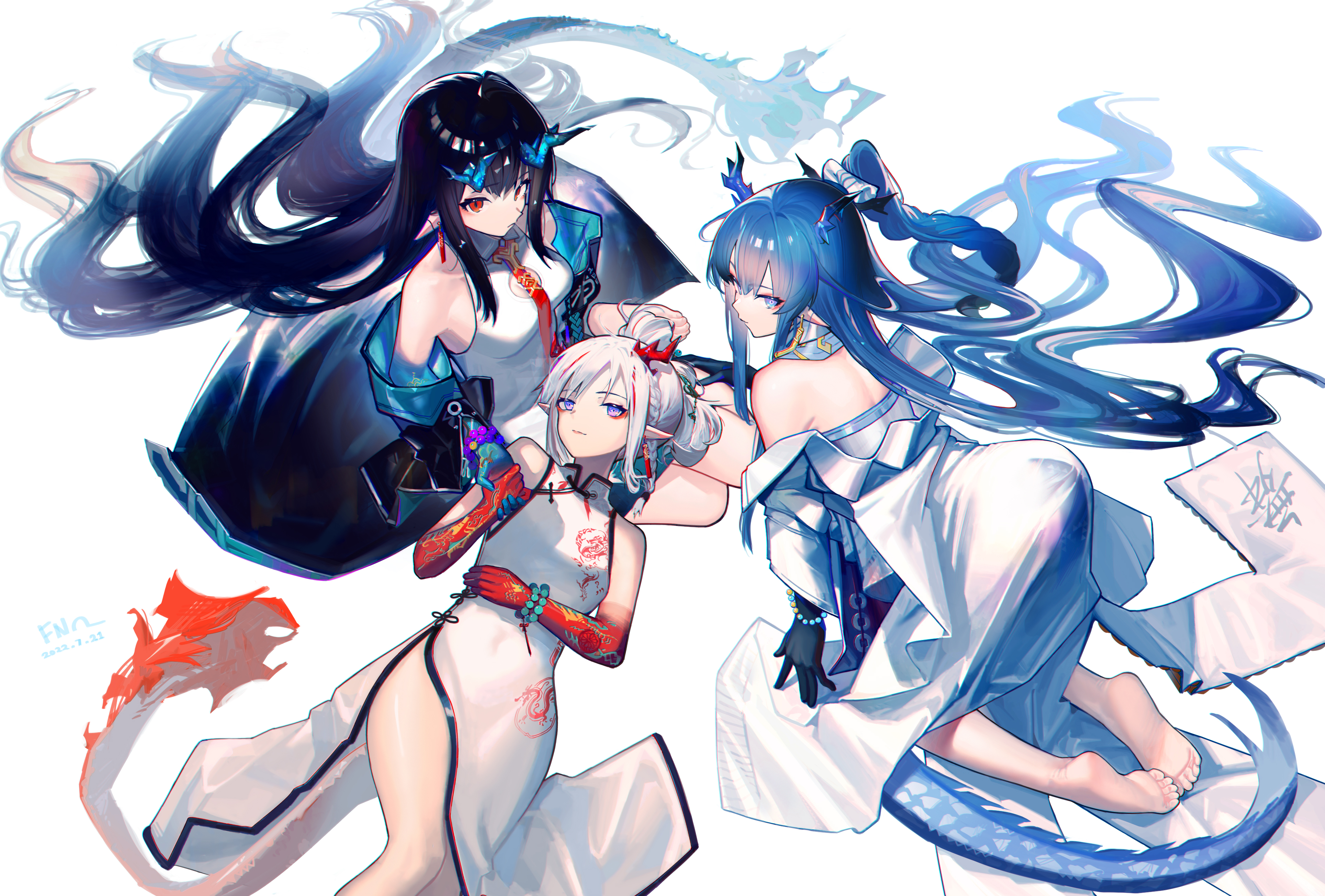 绝美三人组 弯曲 脚 长头 动画 动漫 女孩 明日方舟 连衣裙 龙女孩 龙角 龙尾 兽耳 旗袍 手机壁纸 3858×2610