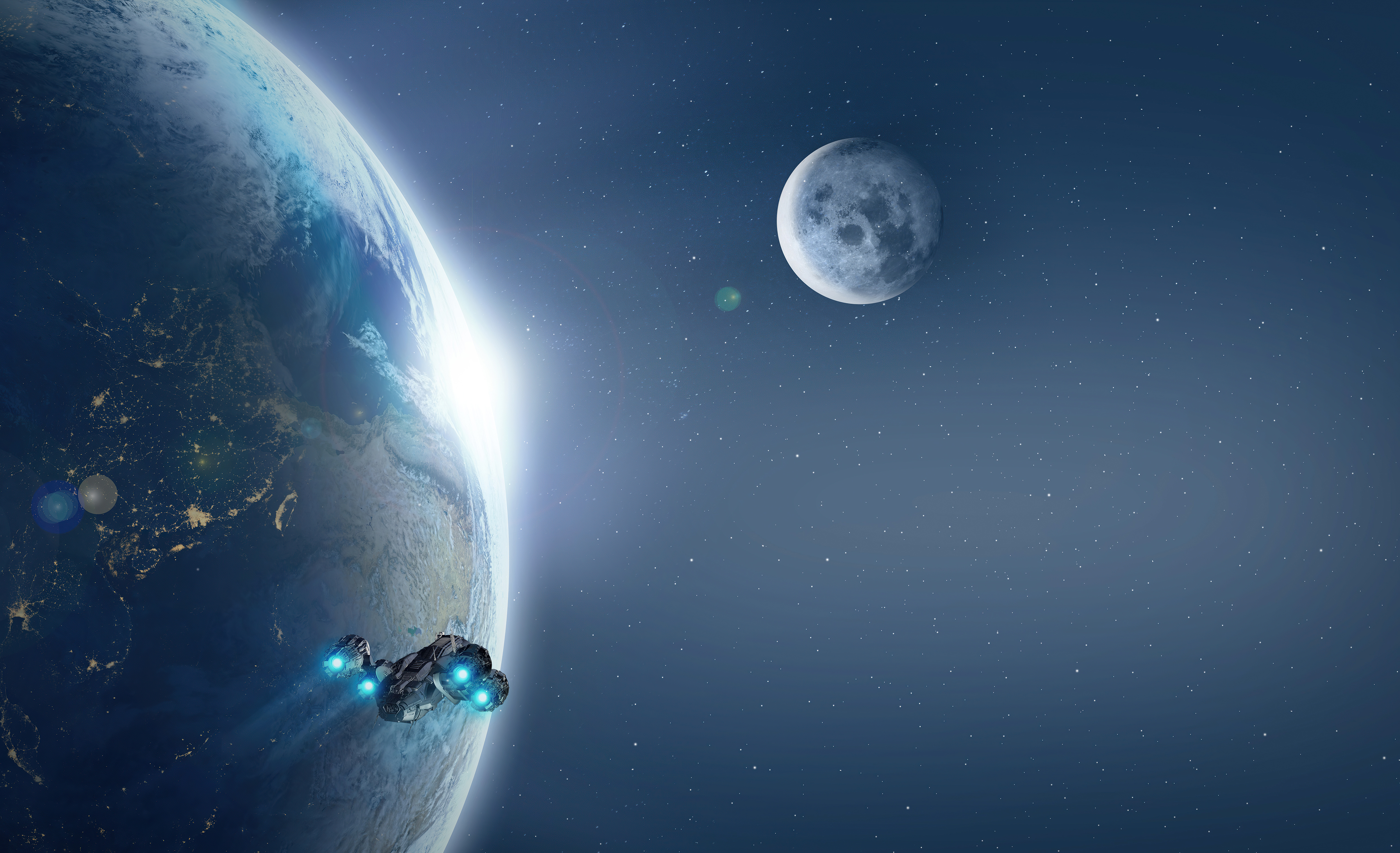 精选科幻 宇宙 飞船 行星 AI艺术 月球 星星 镜头 耀斑 阳光 壁纸 5120×3119