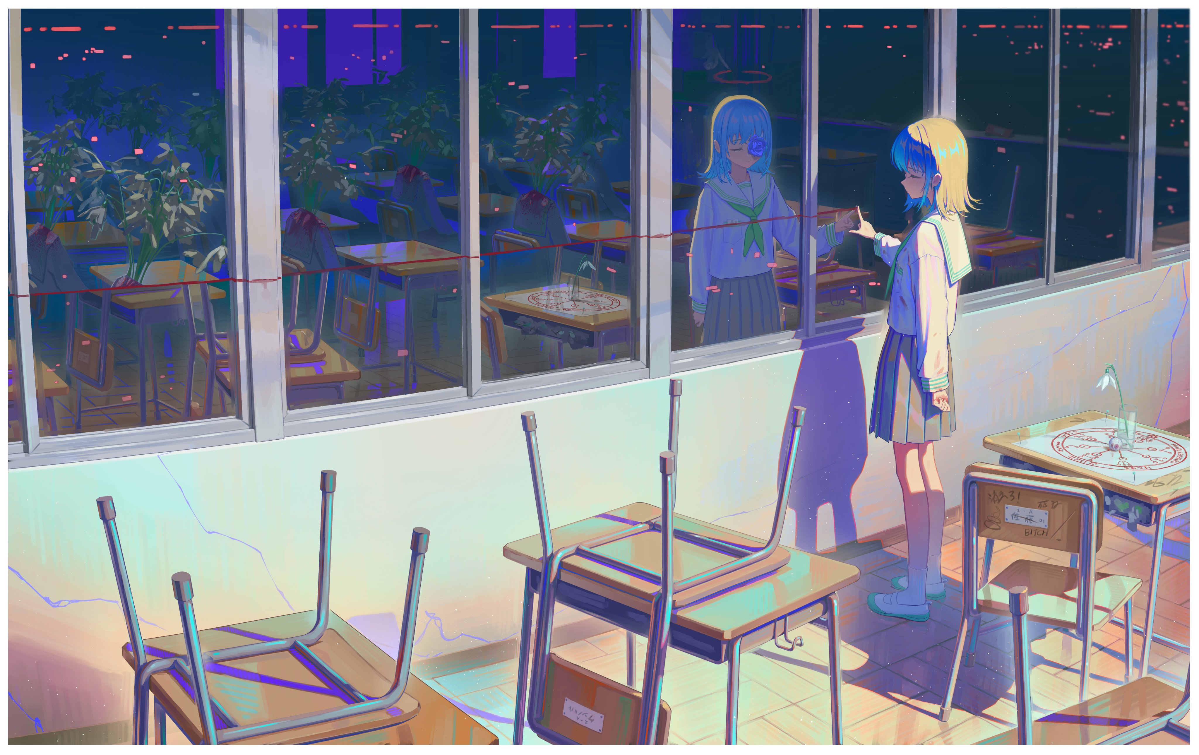 超清女学生 动漫 女孩 校服 反光 教室 窗户 蓝玫瑰 桌面壁纸 4096×2579