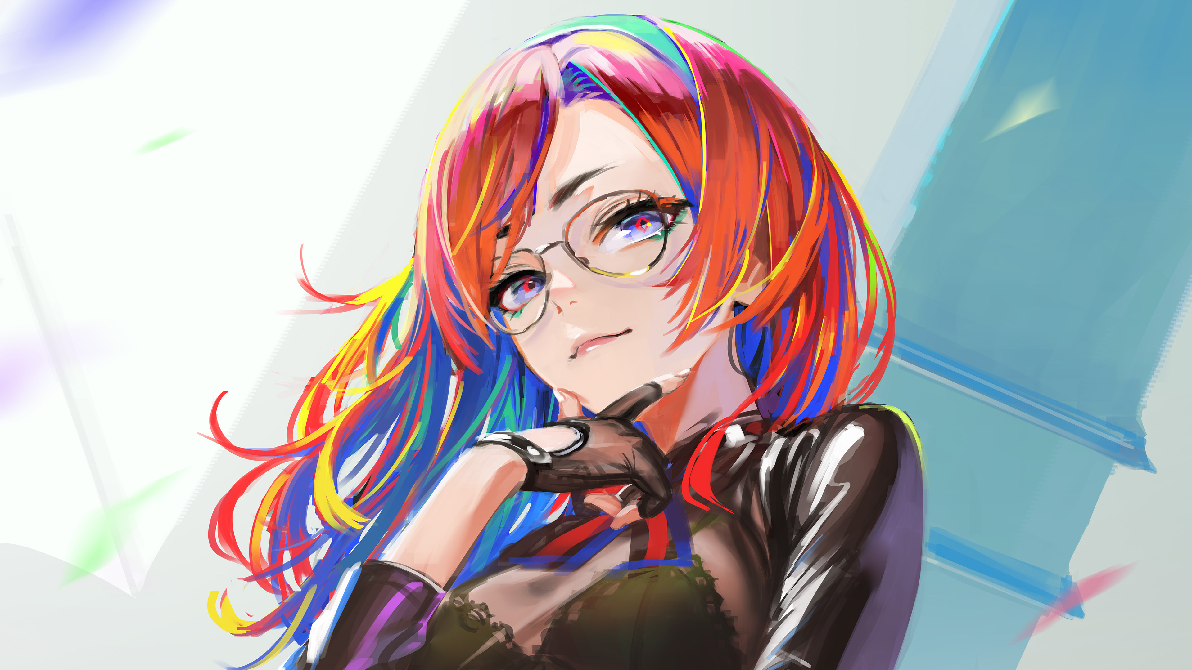 多色头发 动漫 女孩 剪裁 眼镜 4K高清壁纸 3840×2160