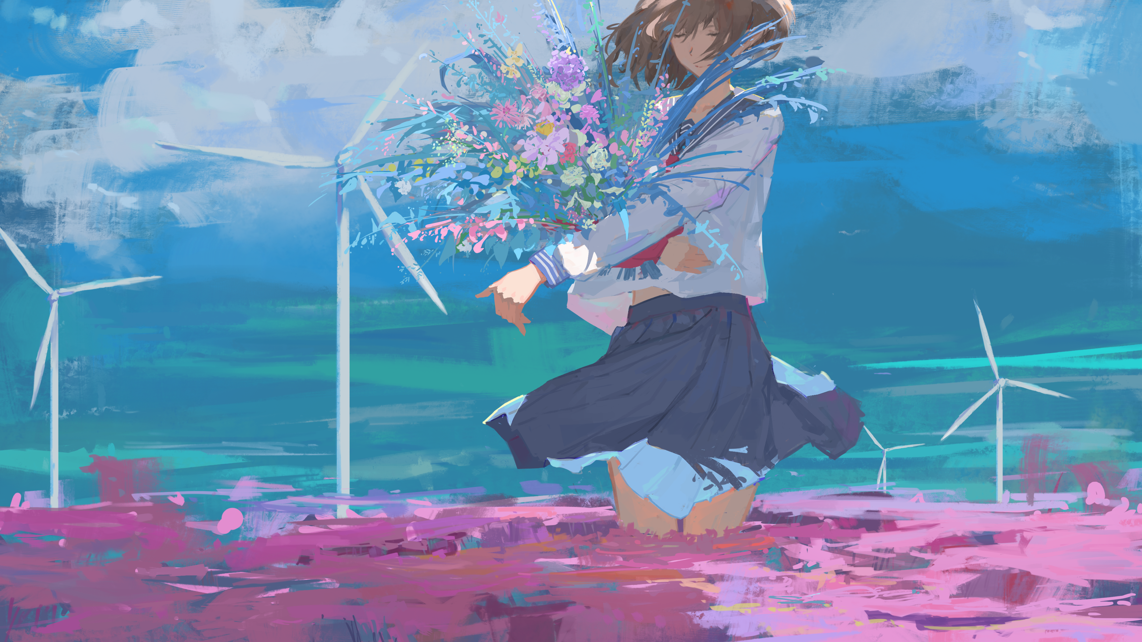 原创 人物 短发 闭眼 深色头发 动漫 女孩 鲜花 水手制服 风车 4K高清壁纸 3840×2160