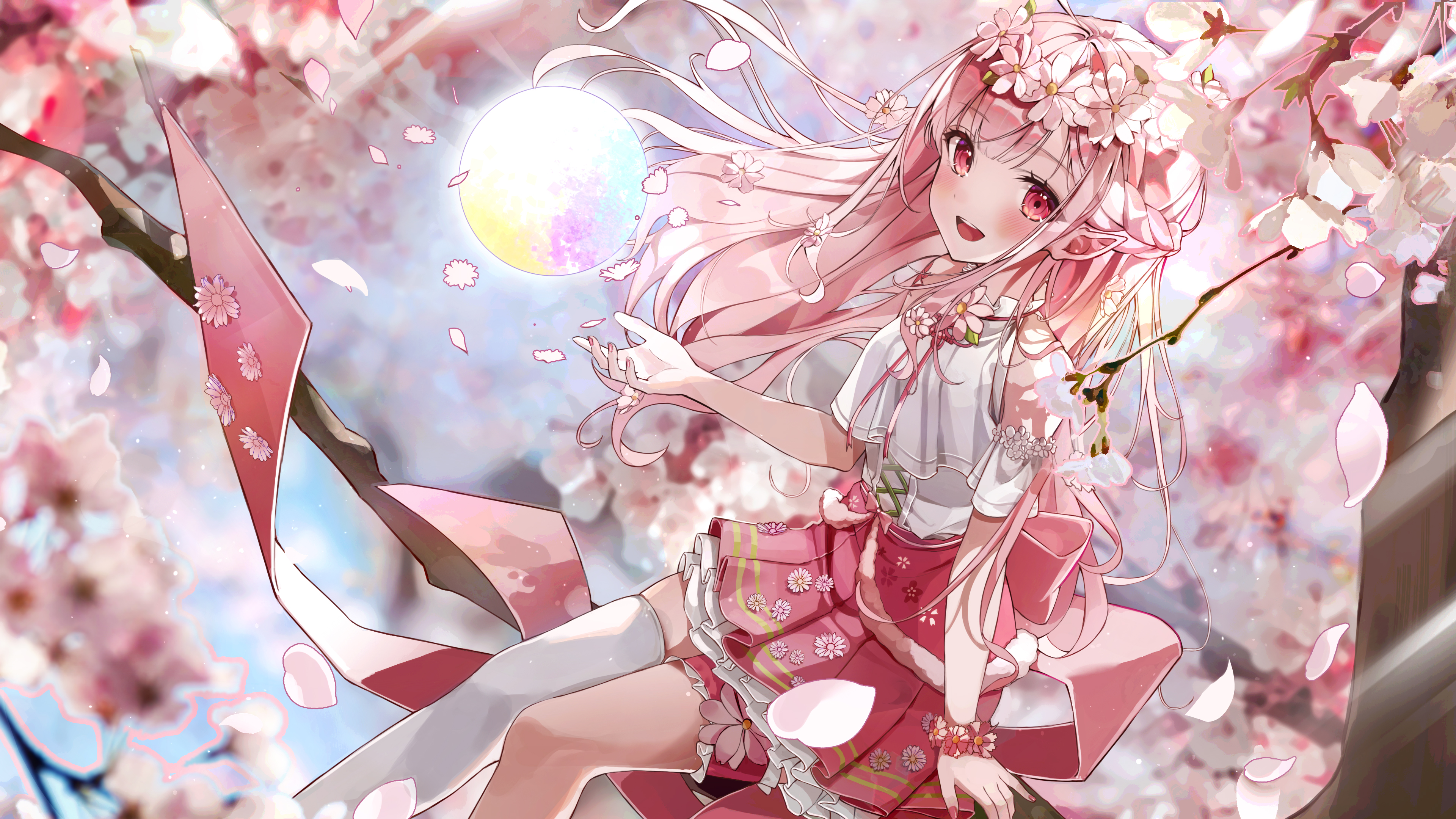热门红色眼睛 樱花 舞女 动漫 女孩 花瓣 无水印壁纸 3840×2160