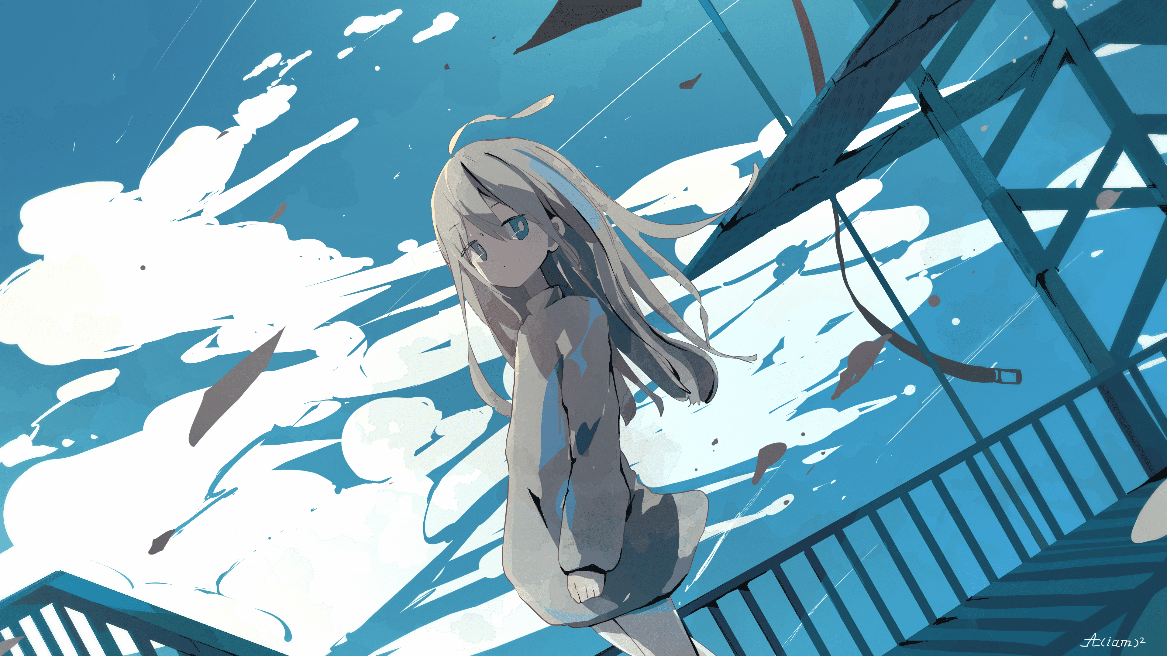长发 蓝眼睛 动漫 女孩 天空 云 4K高清壁纸 3840×2160