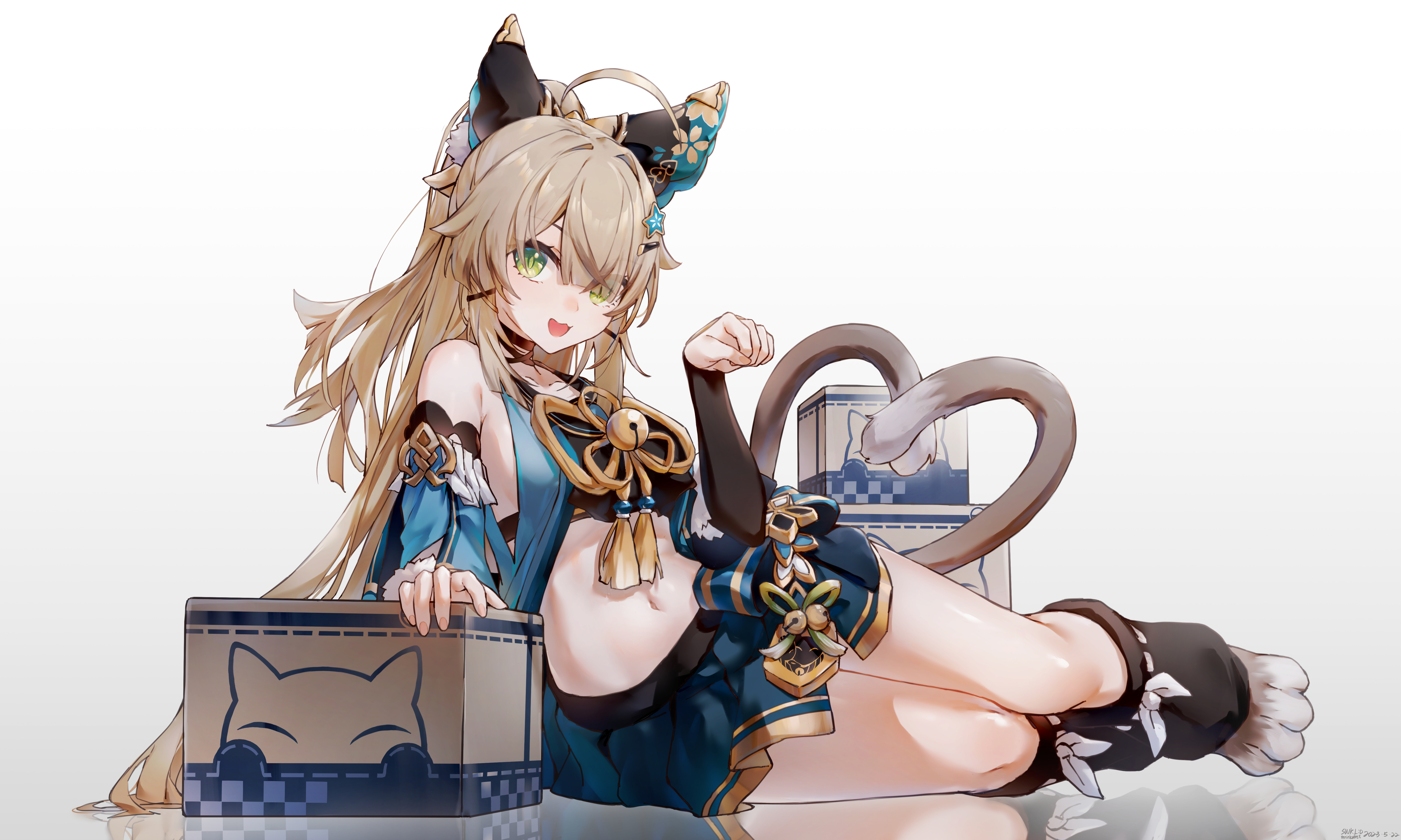 绝美猫女孩 肚皮 肚脐 长发 侧卧 绿色眼睛 动漫 女孩 猫耳朵 猫尾巴 极简主义 白色背景 简单背景 倒影 铃声 原神 桌面壁纸 6319×3790