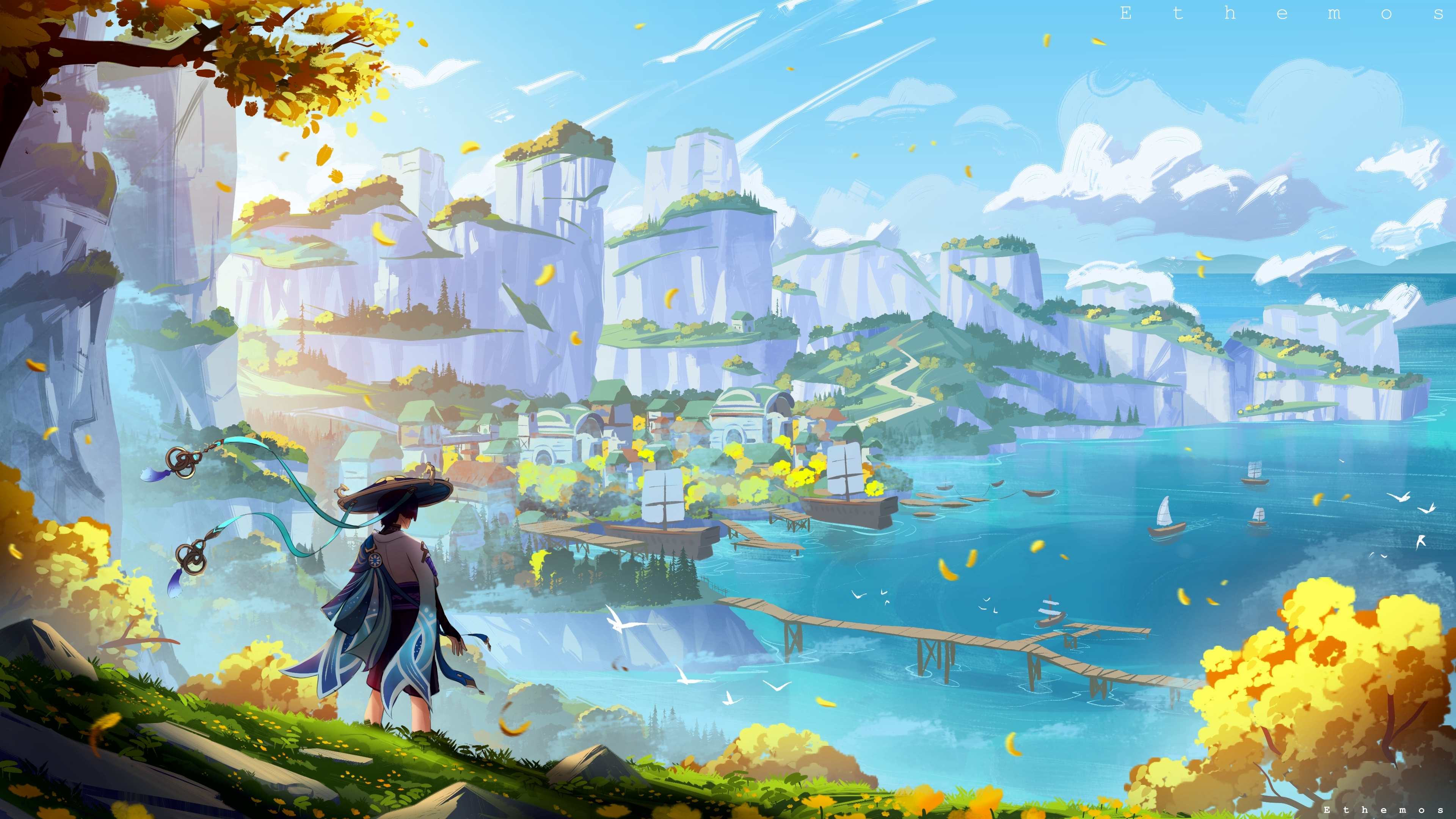 AI艺术 插图 风景 奇幻艺术 山 自然 村庄 原神 高清壁纸 3840×2160