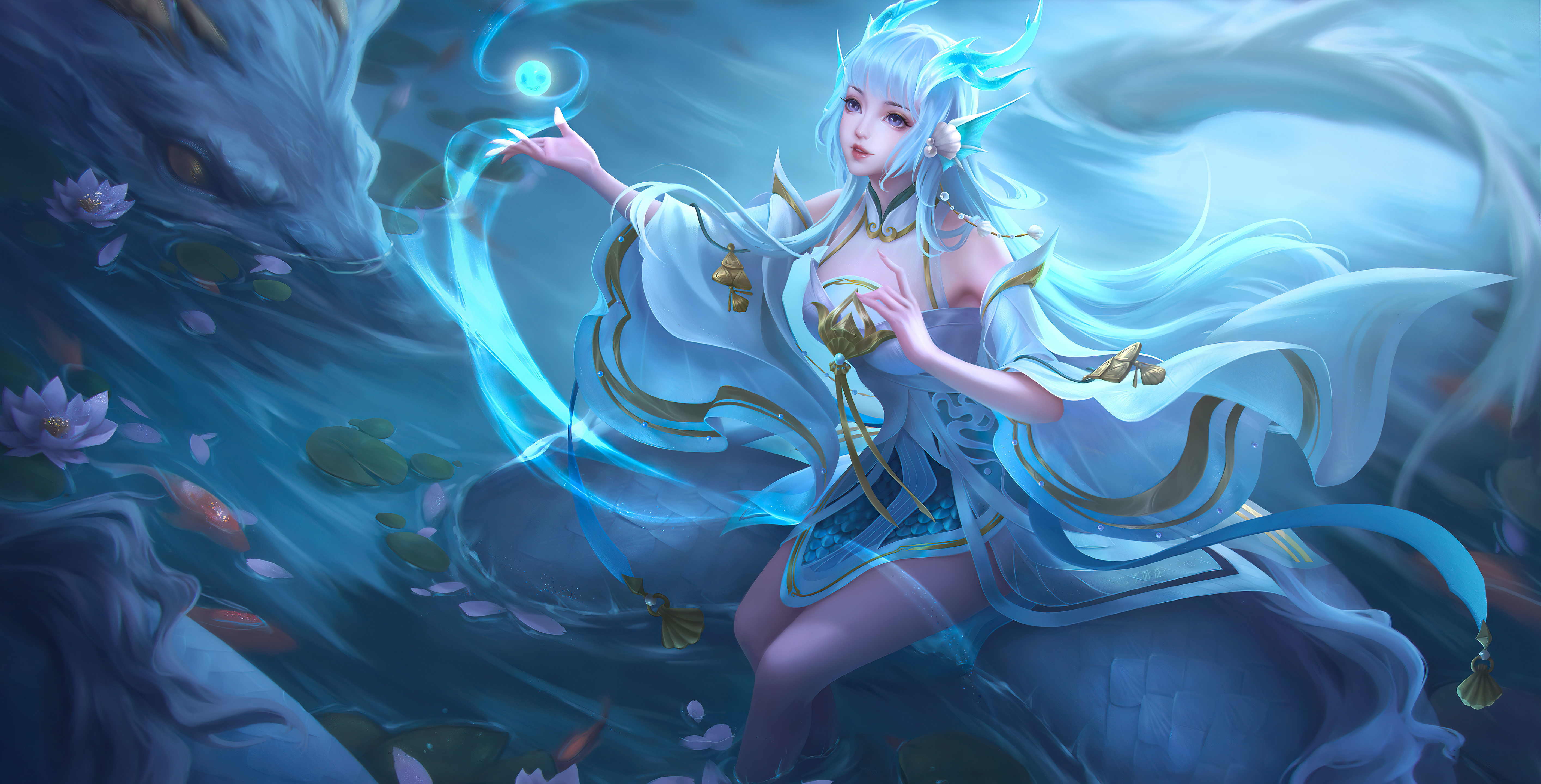 游戏CG 人物 蓝头发 王者荣耀 水 龙 动物 4K壁纸 5657×2880
