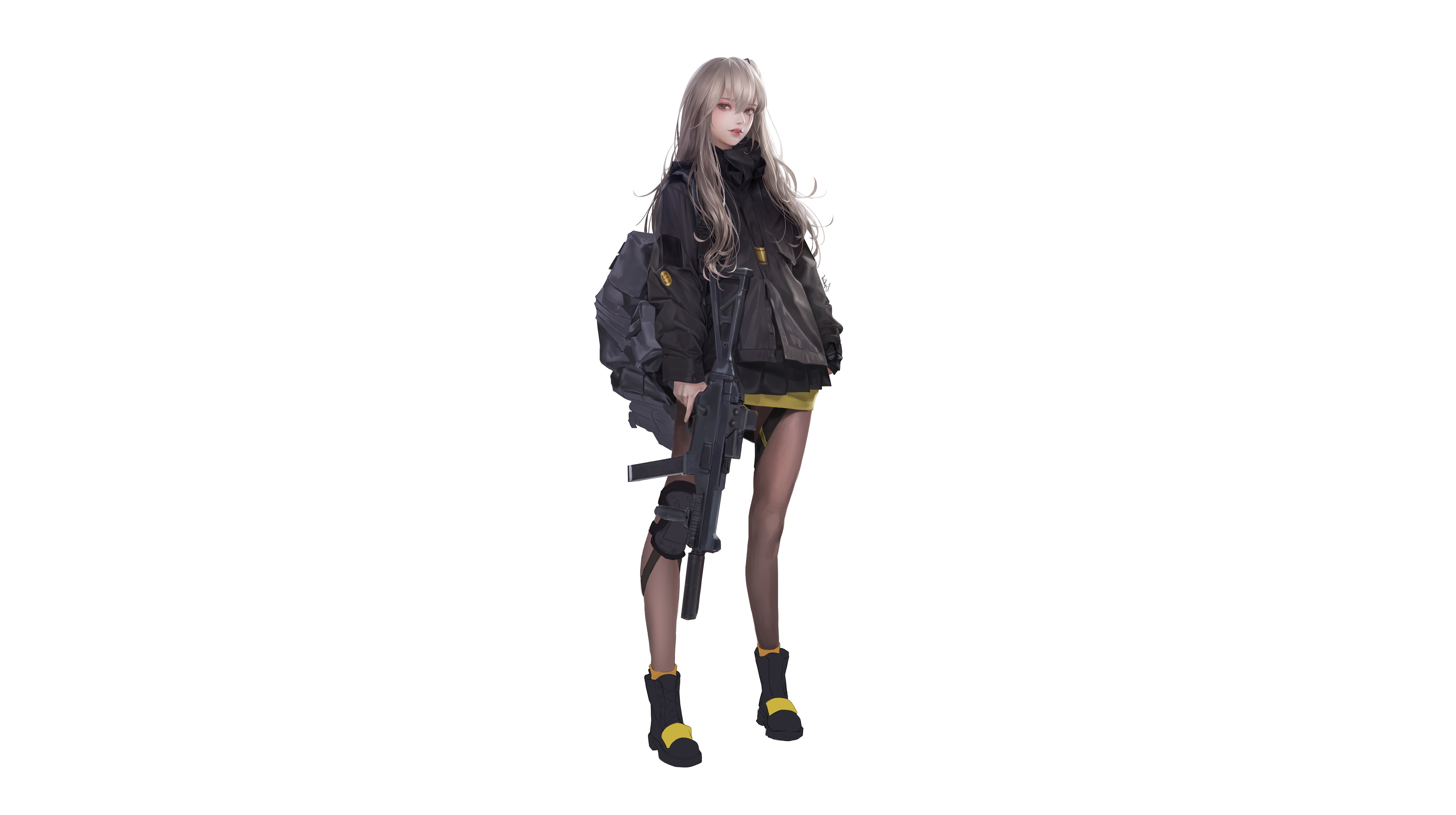 绚丽站立 儿子 动漫 女孩 机关枪 简单背景 白色背景 少女前线 银发 棕色眼睛 壁纸 5000×2800