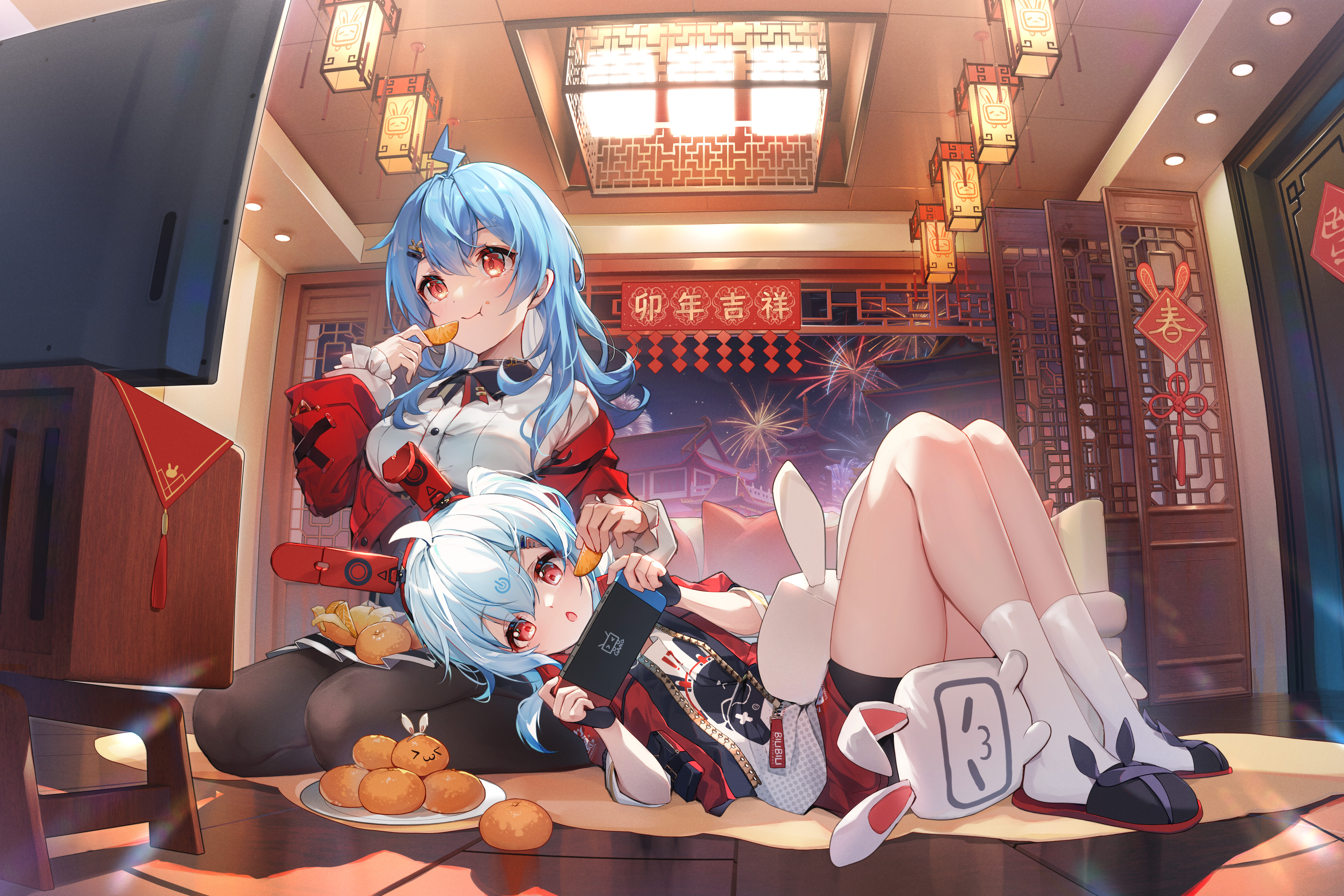 超清女孩 兔耳朵 烟花 新年 动漫 橙子 水果 吃 耳机 2233娘 22娘 33娘 壁纸 3840×2560