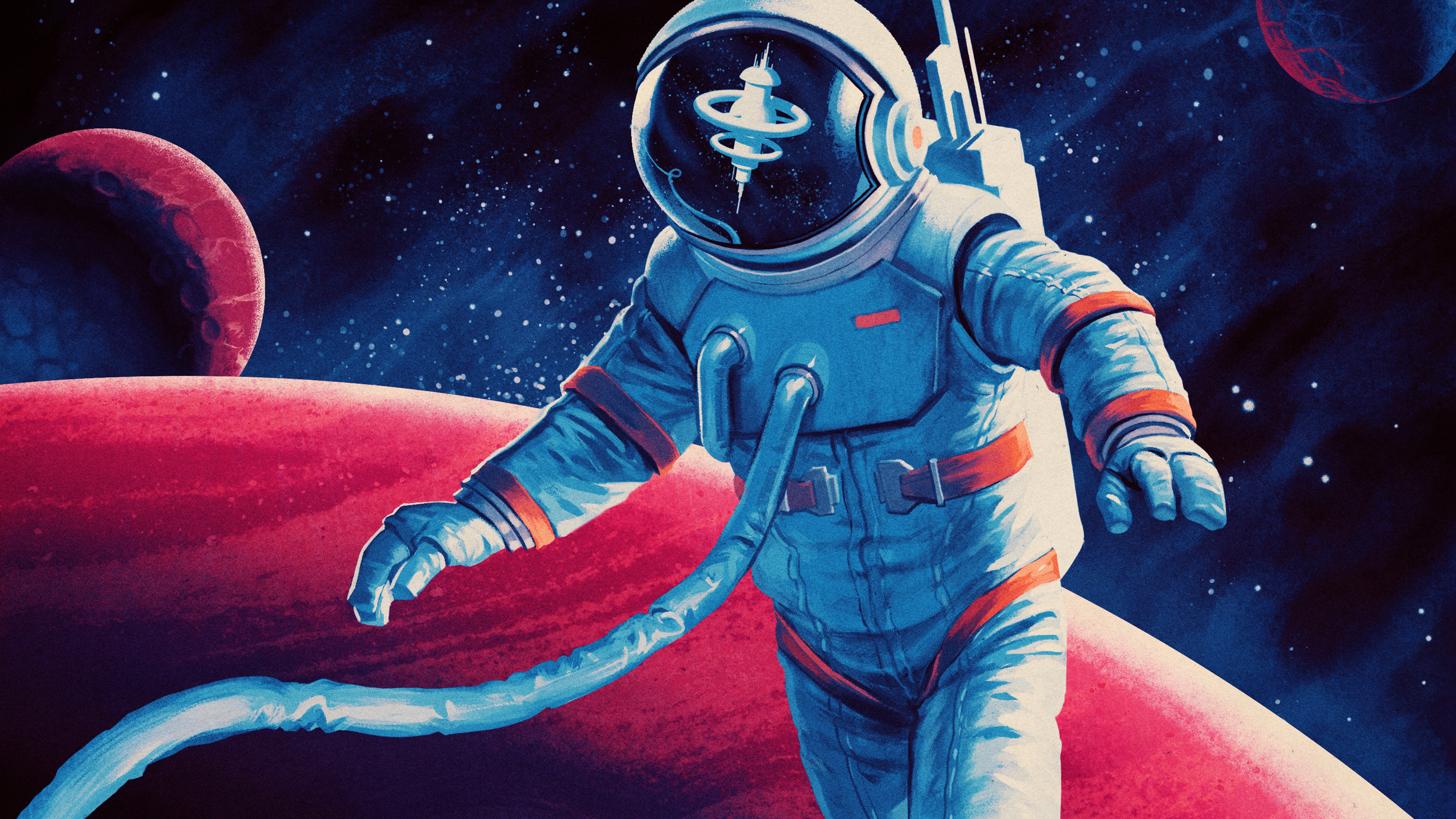 高清宇航员 插图 科幻小说 复古 科幻 小说 倒影 空间站 太空 行星 恒星 蒸汽 4K壁纸 3840×2160