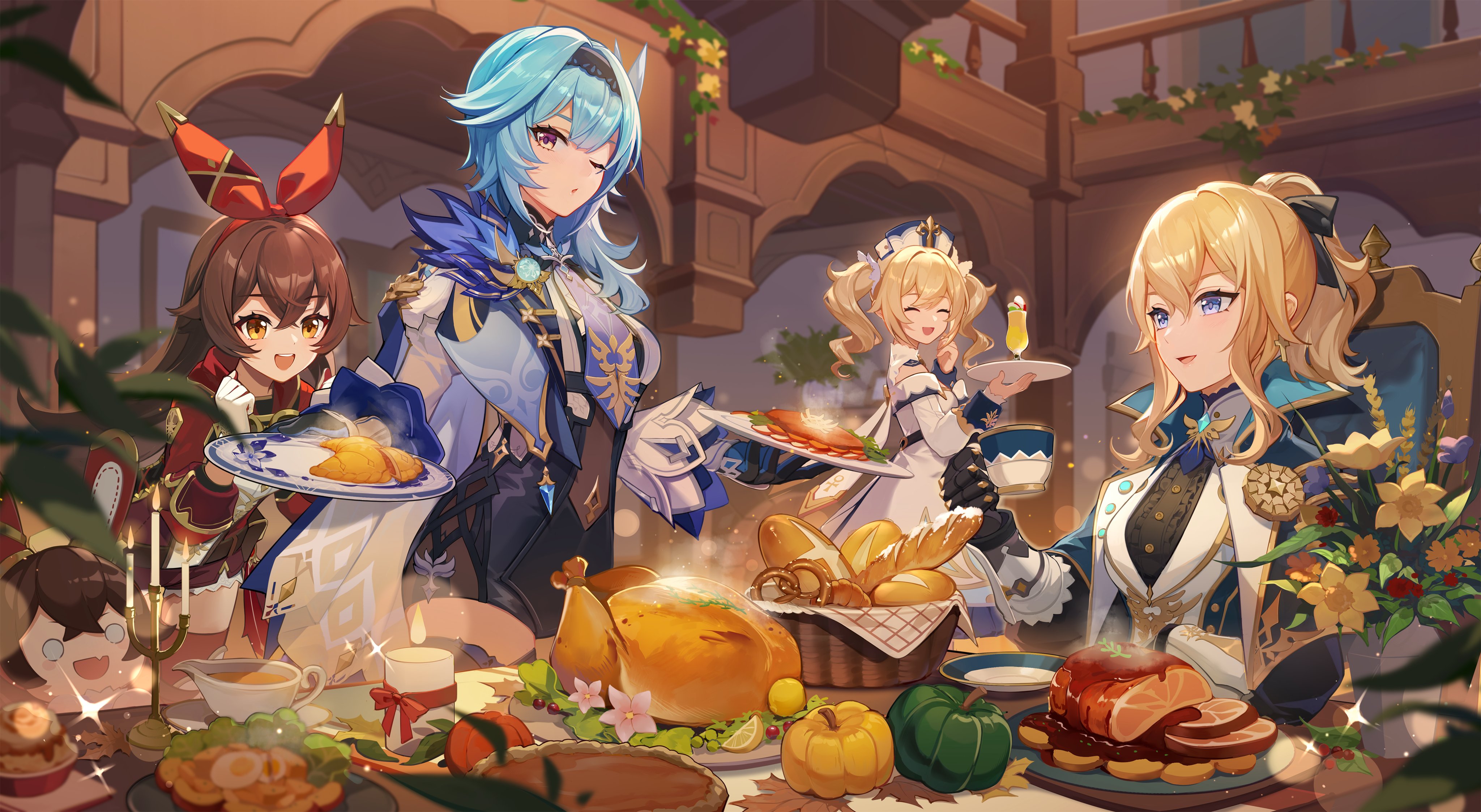 金发 深色皮肤 女性 四重奏 原神 食物 动漫 女孩 吃 蜡烛 壁纸 4096×2246
