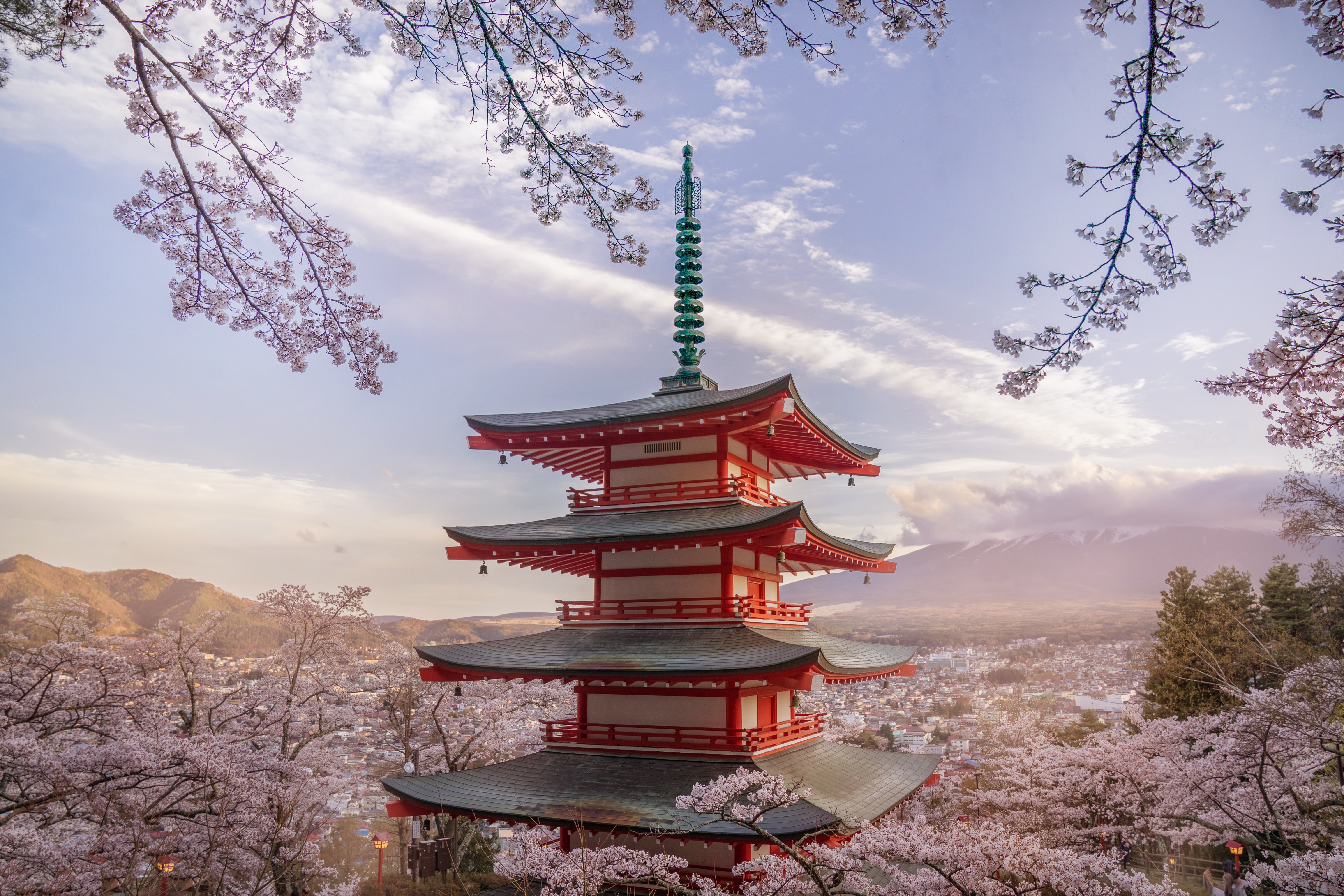 热门摄影 风景 樱花 花 自然 山 云 宝塔 建筑 高清壁纸 5958×3972