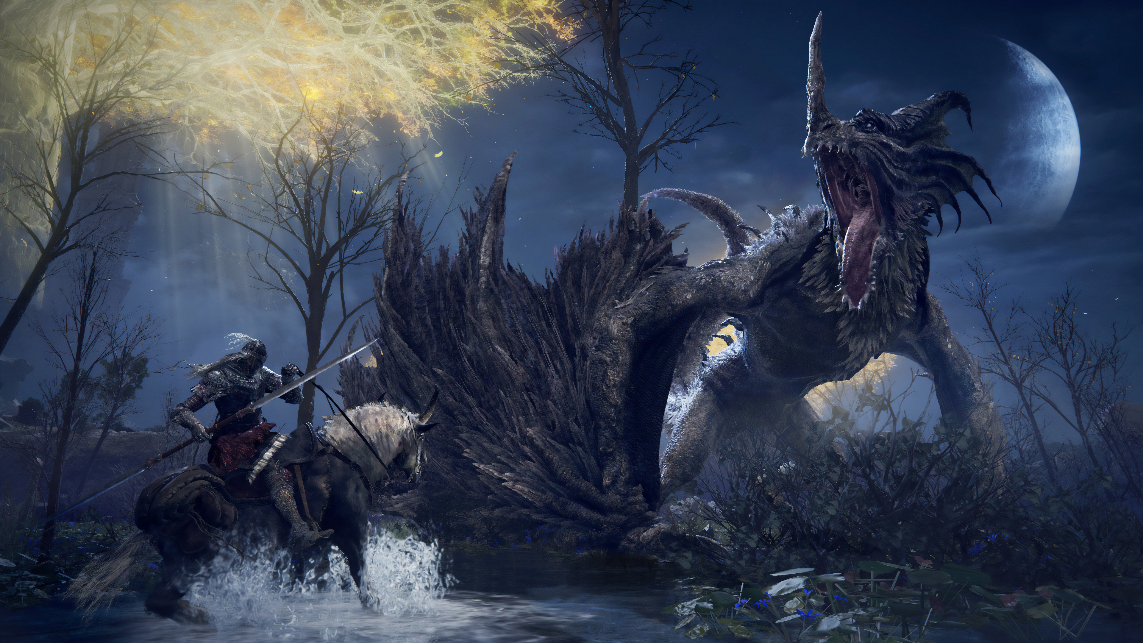 生物 神兽 幻想 奇幻 魔幻 战士 长枪 沼泽 黑夜 暗夜 壁纸 3840×2160
