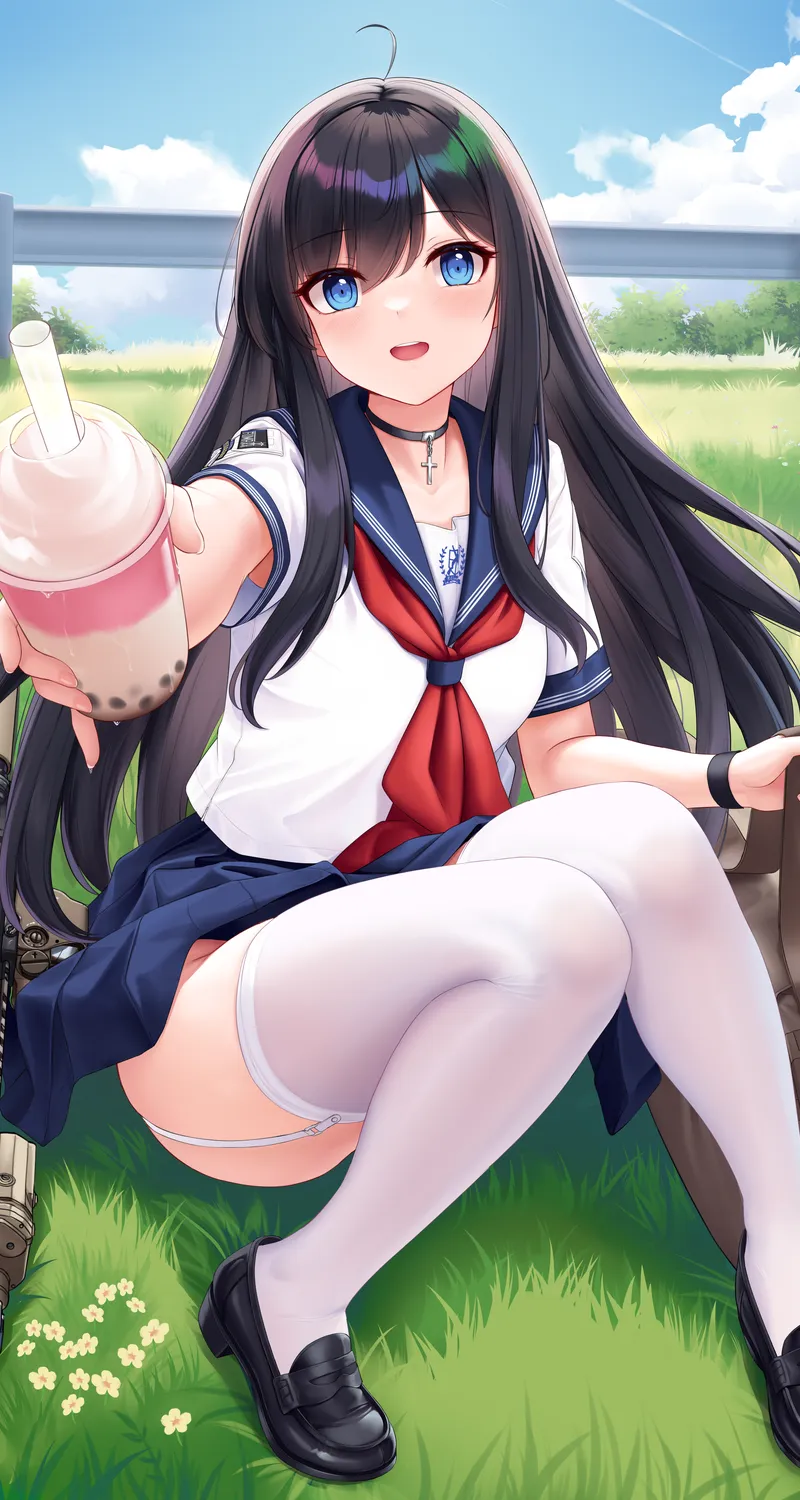 绚丽长发 女学生 蓝眼睛 动漫 女孩 饮料 校服 枪 袜子 吊袜带 草 项链 云 花 包 手机 手机壁纸 4325×6175