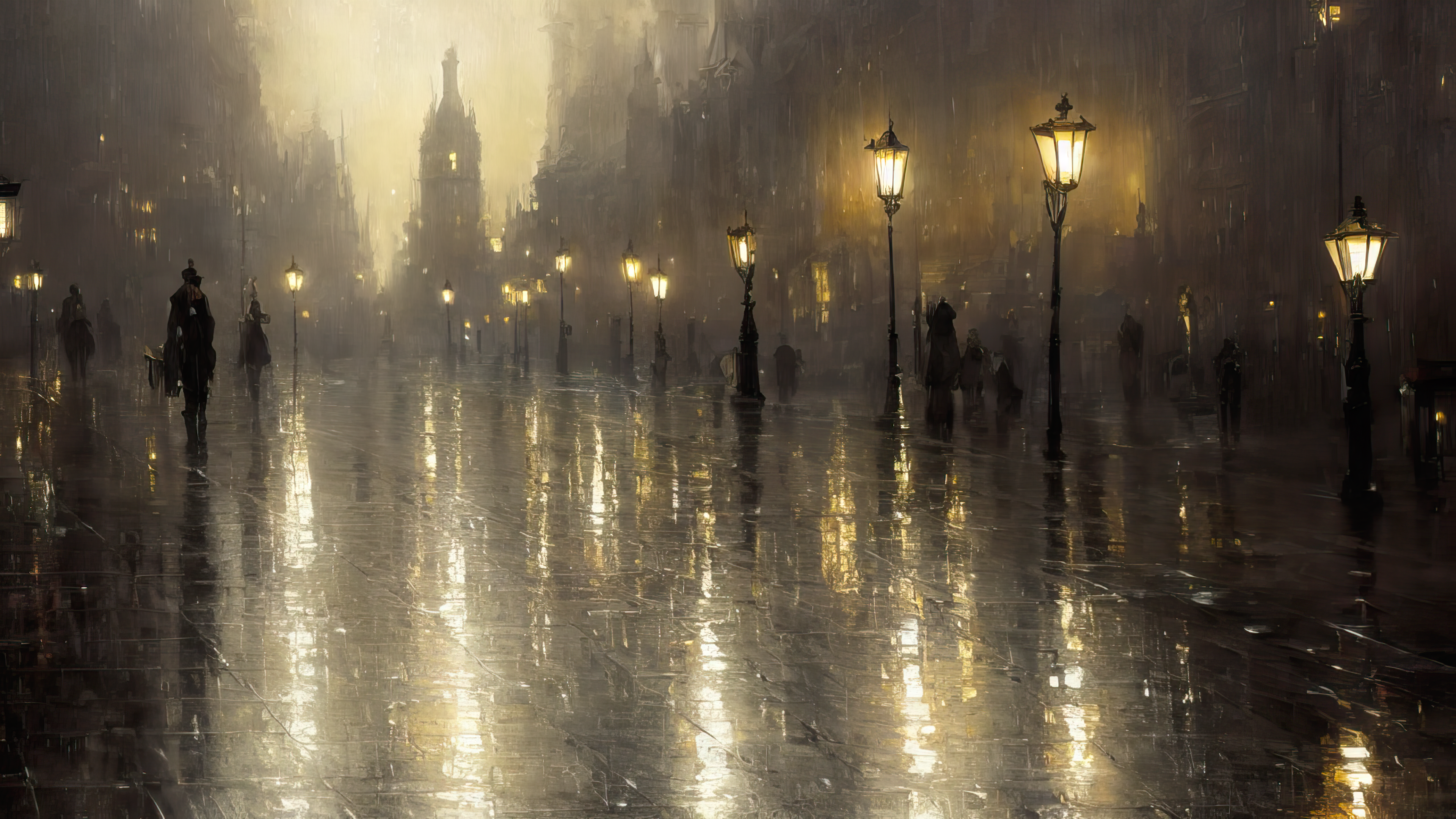 绚丽艺术 街道 鹅卵石 路灯 下雨 雨 雨夜 壁纸 3840×2160