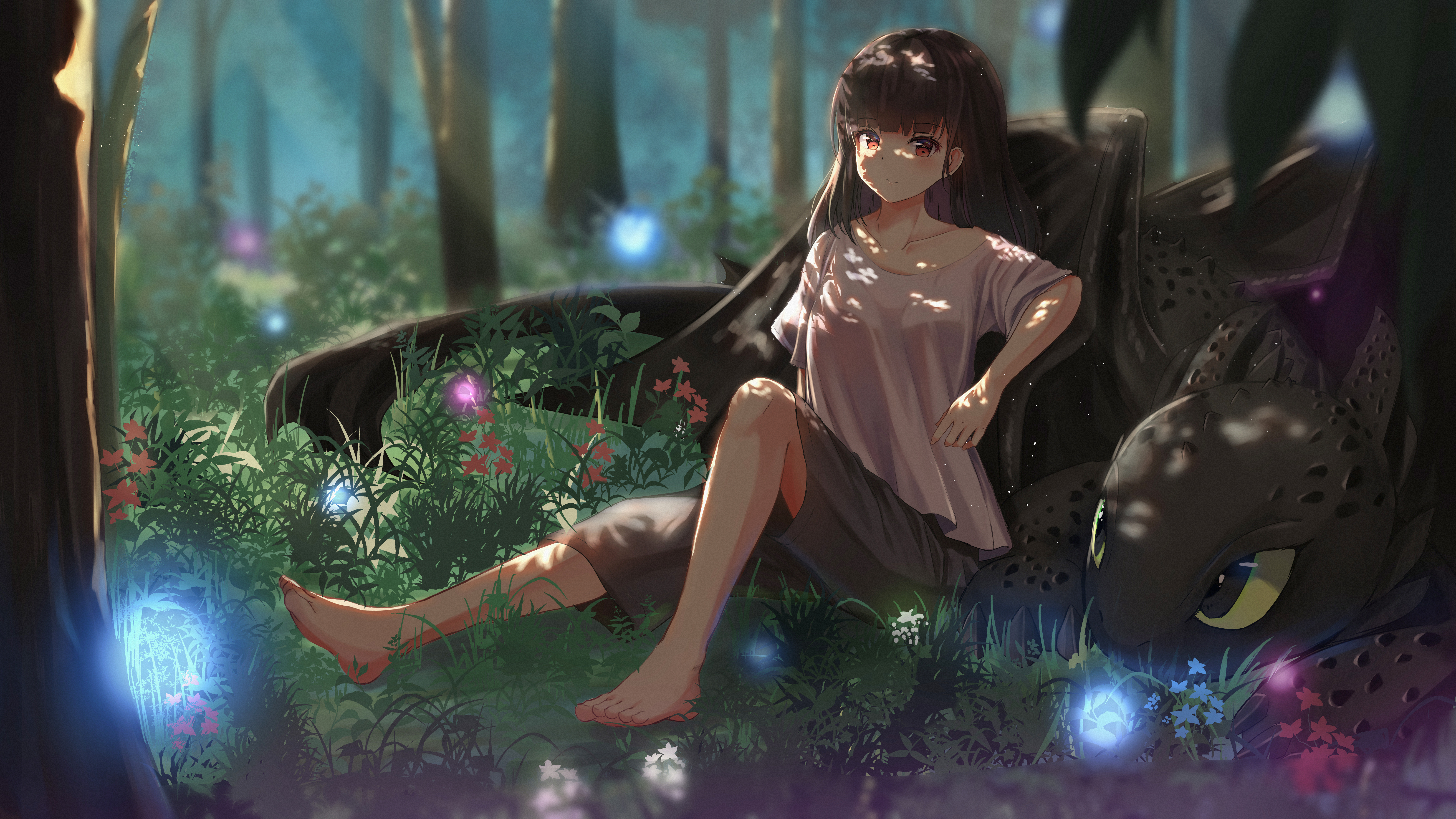 唯美原创 人物 赤脚 黑发 动漫 女孩 森林 鲜花 恤 短裤 龙宝宝 龙 小龙 壁纸 6400×3600