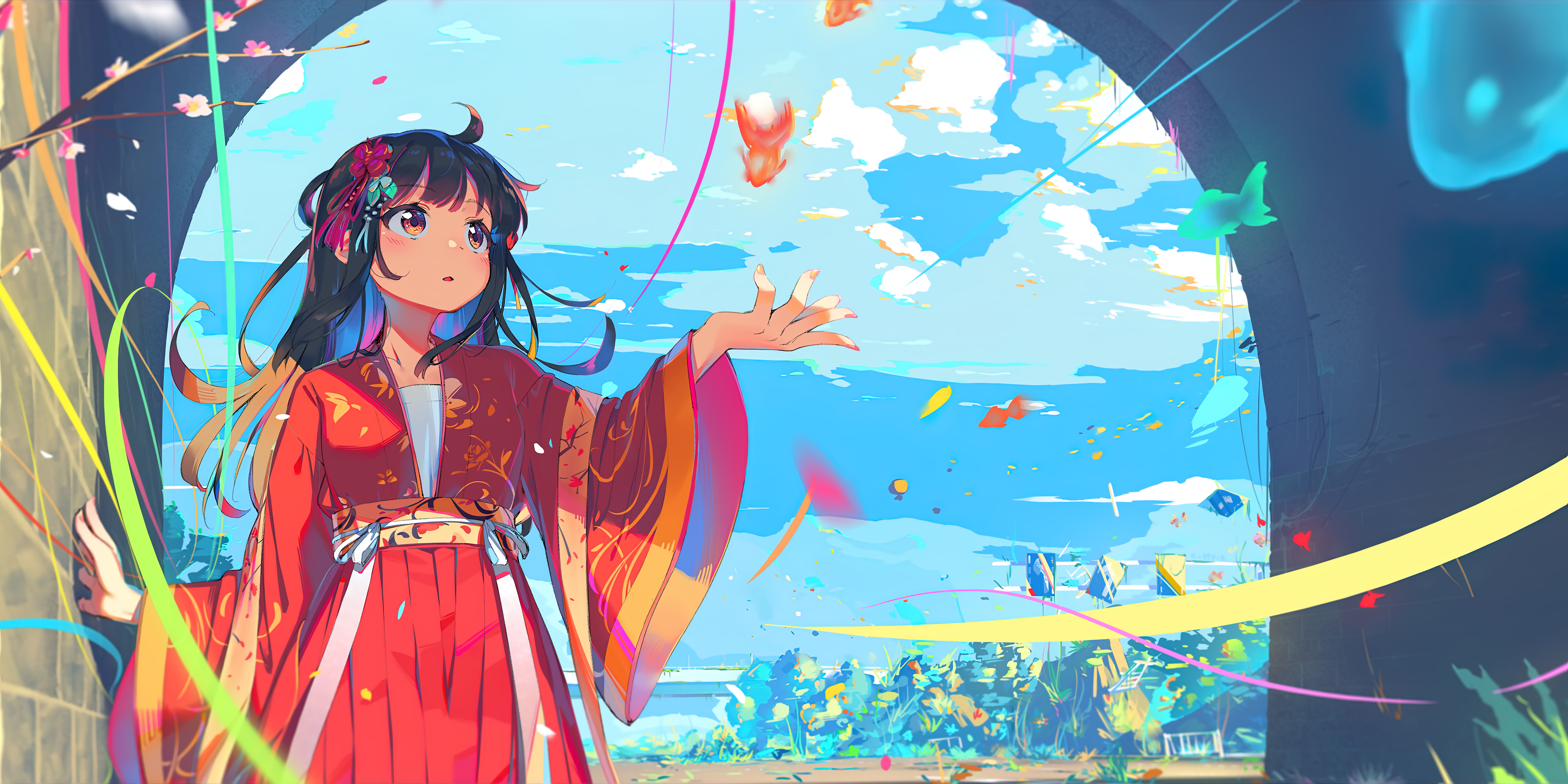 唯美动漫 女孩 AI艺术 传统服装 汉服 花瓣 鱼 无水印壁纸 5760×2880